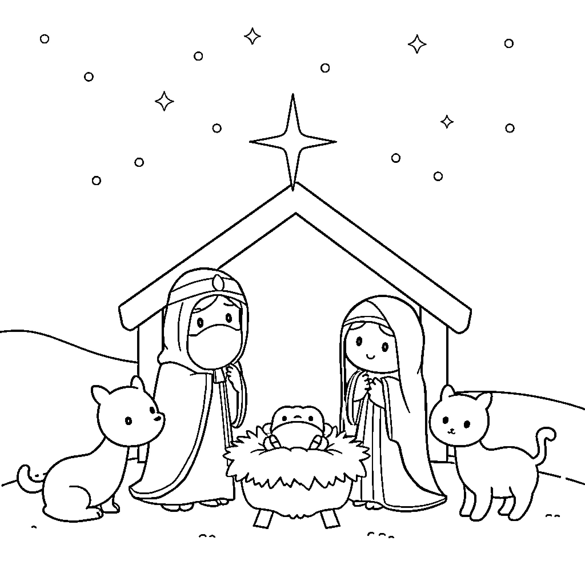 Nativity scene with figures and animals Coloring Page (free black-and-white line drawing printable PDF for all, from beginners to advanced learners, including children, teens, adults, and seniors)