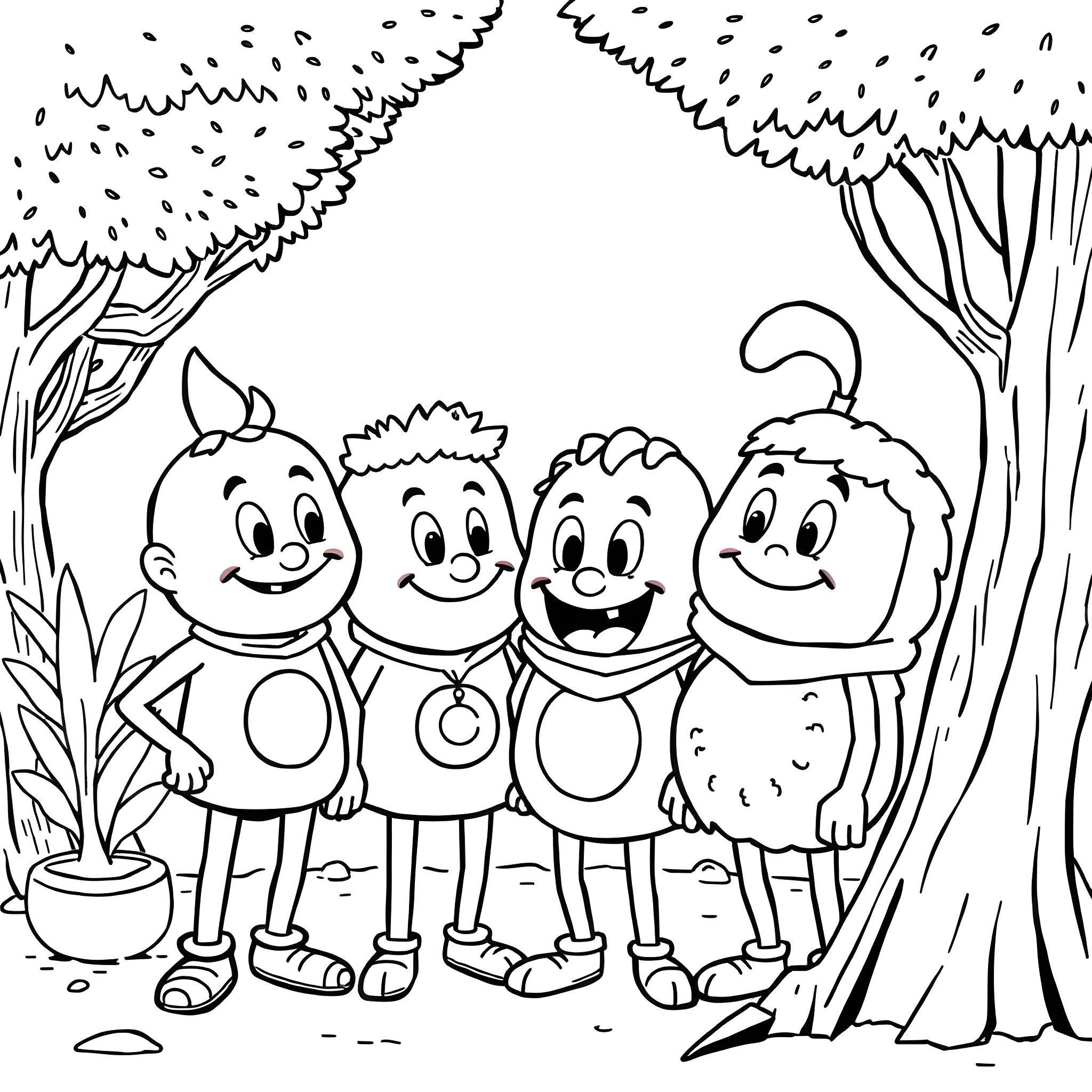 BFDI characters in the forest Coloring Page (free black-and-white line drawing printable PDF for all, from beginners to advanced learners, including children, teens, adults, and seniors)