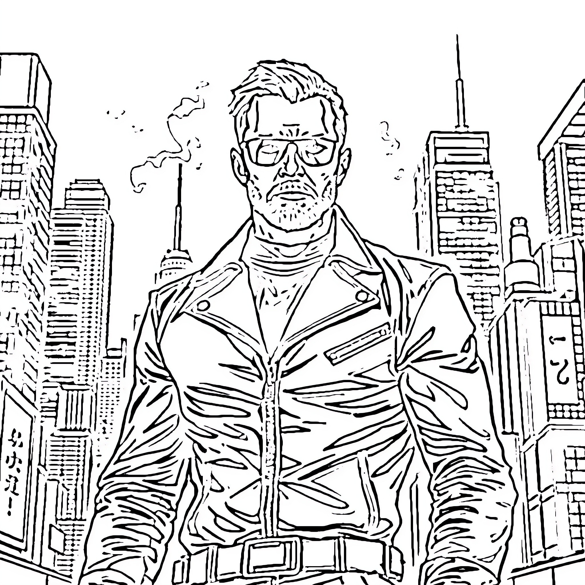 Nick Fury's Vigilant Gaze in the Bustling City Coloring Page (free black-and-white line drawing printable PDF for all, from beginners to advanced learners, including children, teens, adults, and seniors)