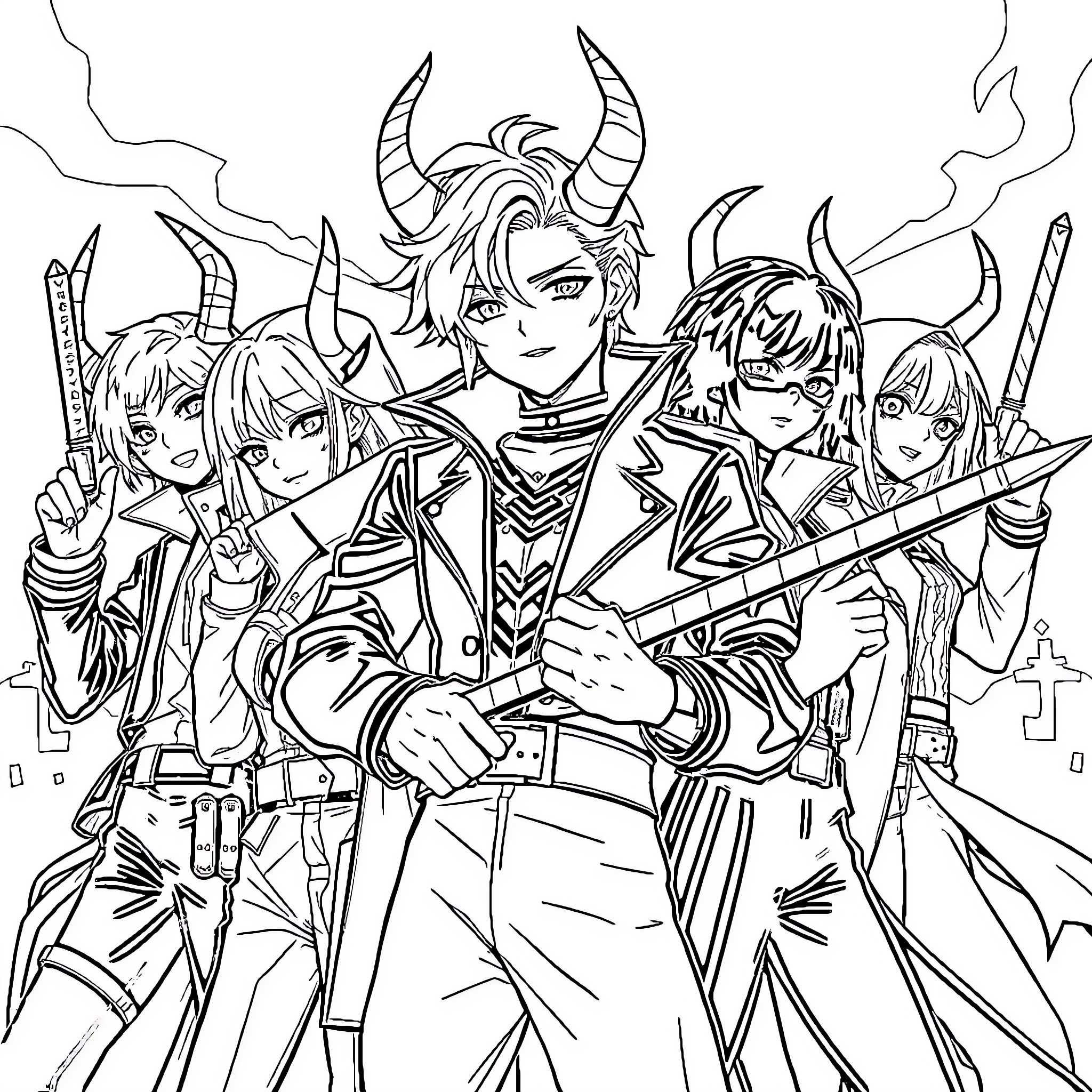Demon Hunter Leads Crew in Epic Battle Coloring Page (free black-and-white line drawing printable PDF for all, from beginners to advanced learners, including children, teens, adults, and seniors)
