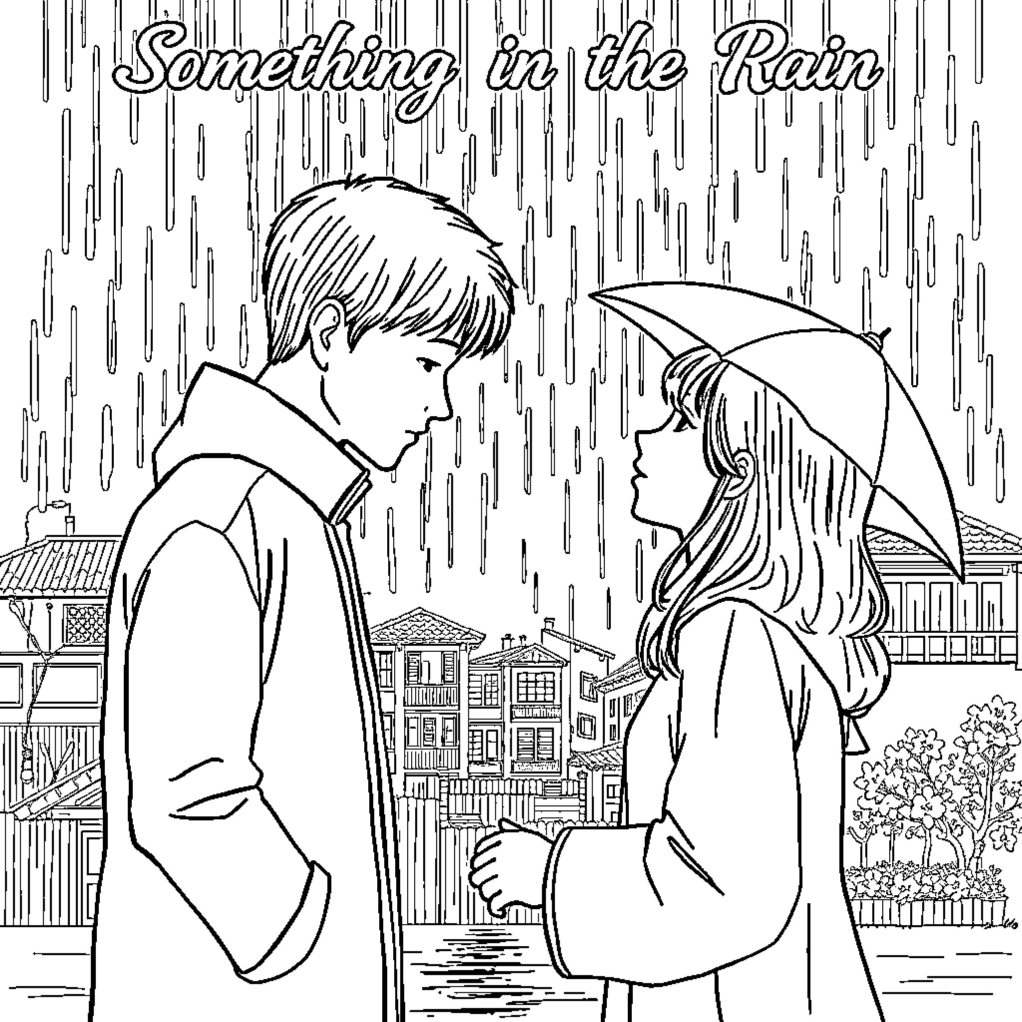 Kdrama Couple in Rainy Encounter Coloring Page (free black-and-white line drawing printable PDF for all, from beginners to advanced learners, including children, teens, adults, and seniors)