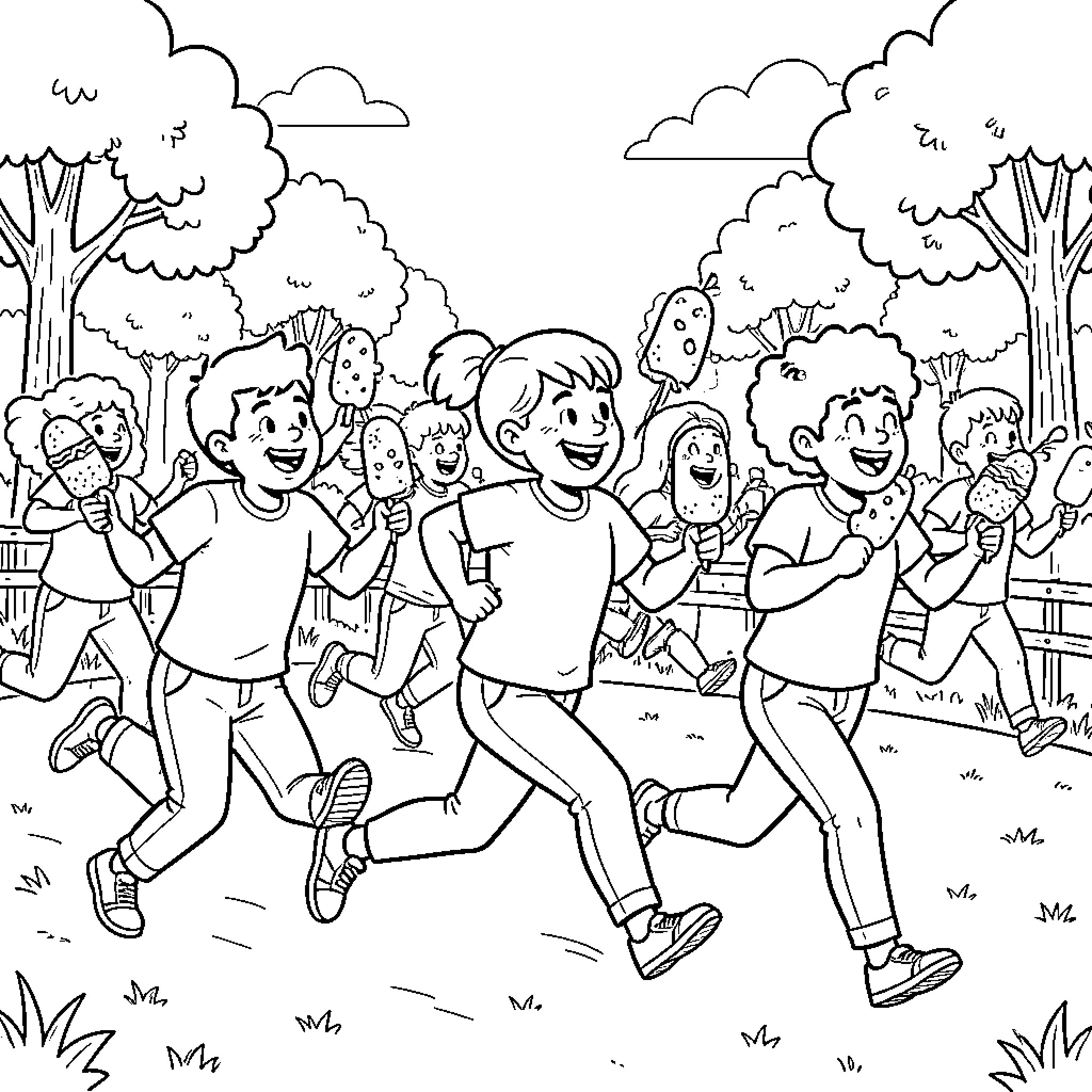 Corn Dog enthusiast children running joyfully through a park Coloring Page (free black-and-white line drawing printable PDF for all, from beginners to advanced learners, including children, teens, adults, and seniors)