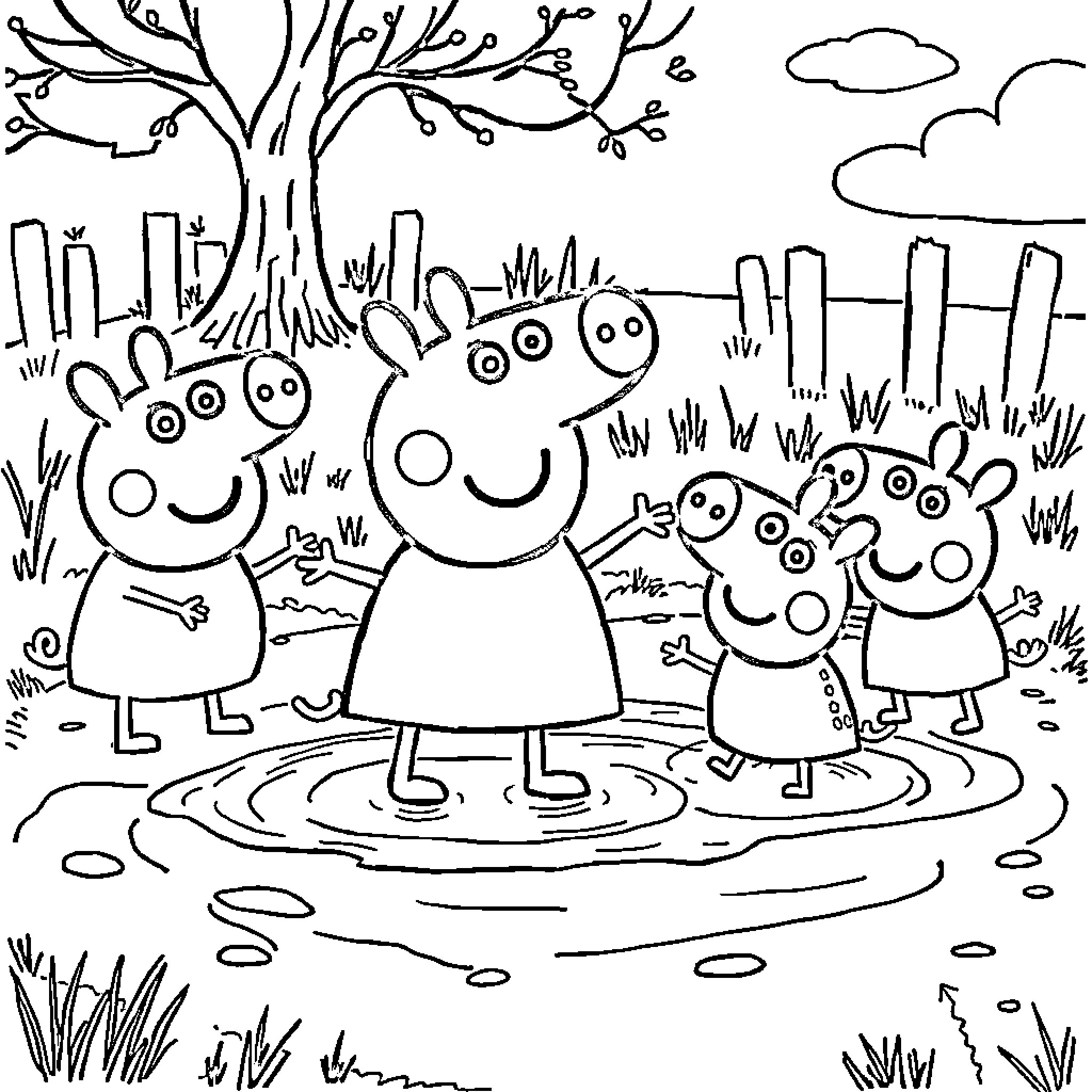 Peppa Pig and family playing in the park Coloring Page (free black-and-white line drawing printable PDF for all, from beginners to advanced learners, including children, teens, adults, and seniors)