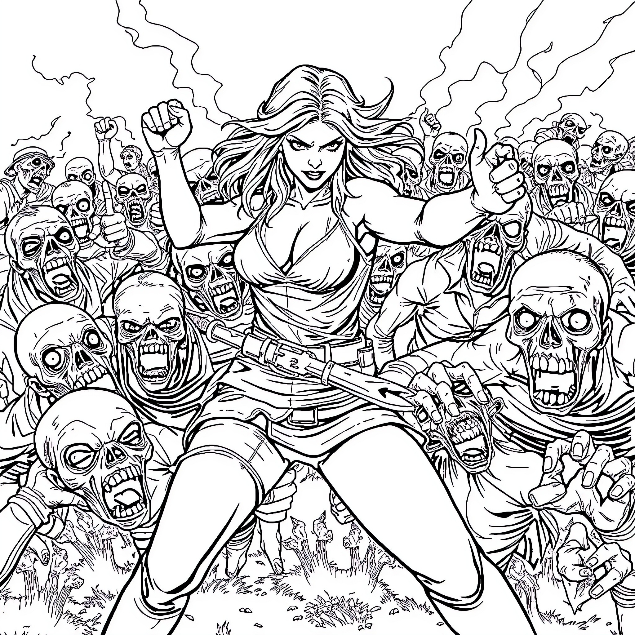 Woman fighting against zombies in intense battle Coloring Page (free black-and-white line drawing printable PDF for all, from beginners to advanced learners, including children, teens, adults, and seniors)