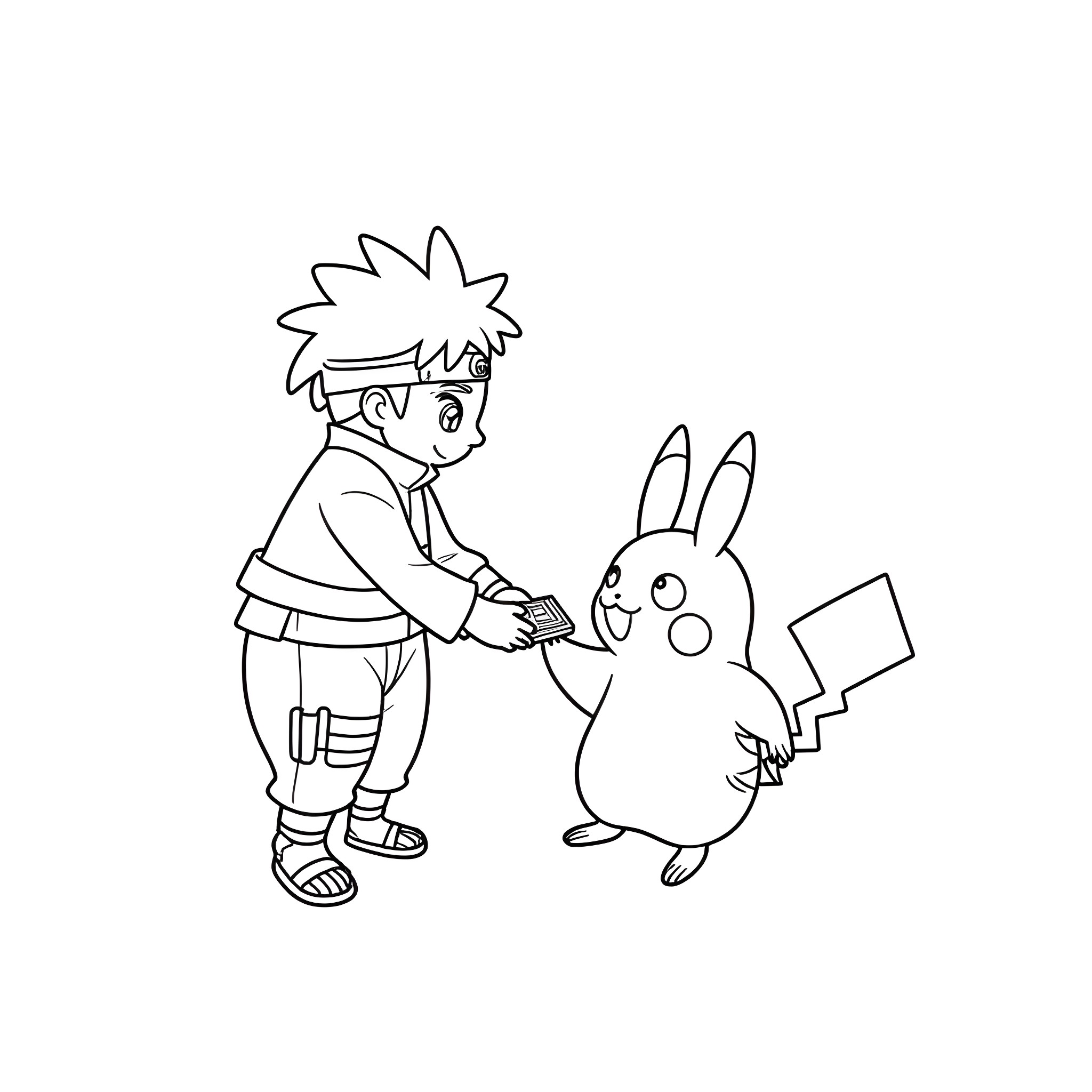 Naruto interacting with a Pokémon-like character Coloring Page (free black-and-white line drawing printable PDF for all, from beginners to advanced learners, including children, teens, adults, and seniors)