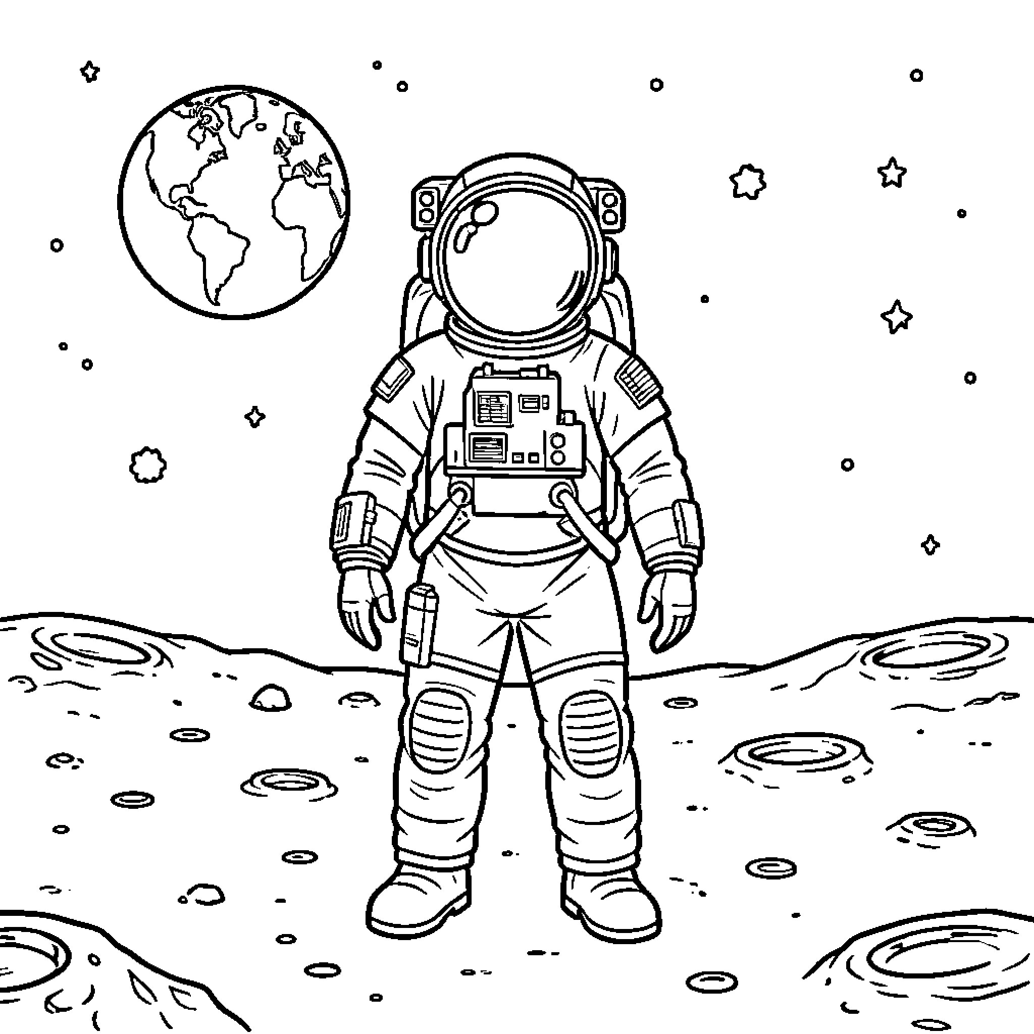 Astronaut standing on the moon surface near Earth Coloring Page (free black-and-white line drawing printable PDF for all, from beginners to advanced learners, including children, teens, adults, and seniors)