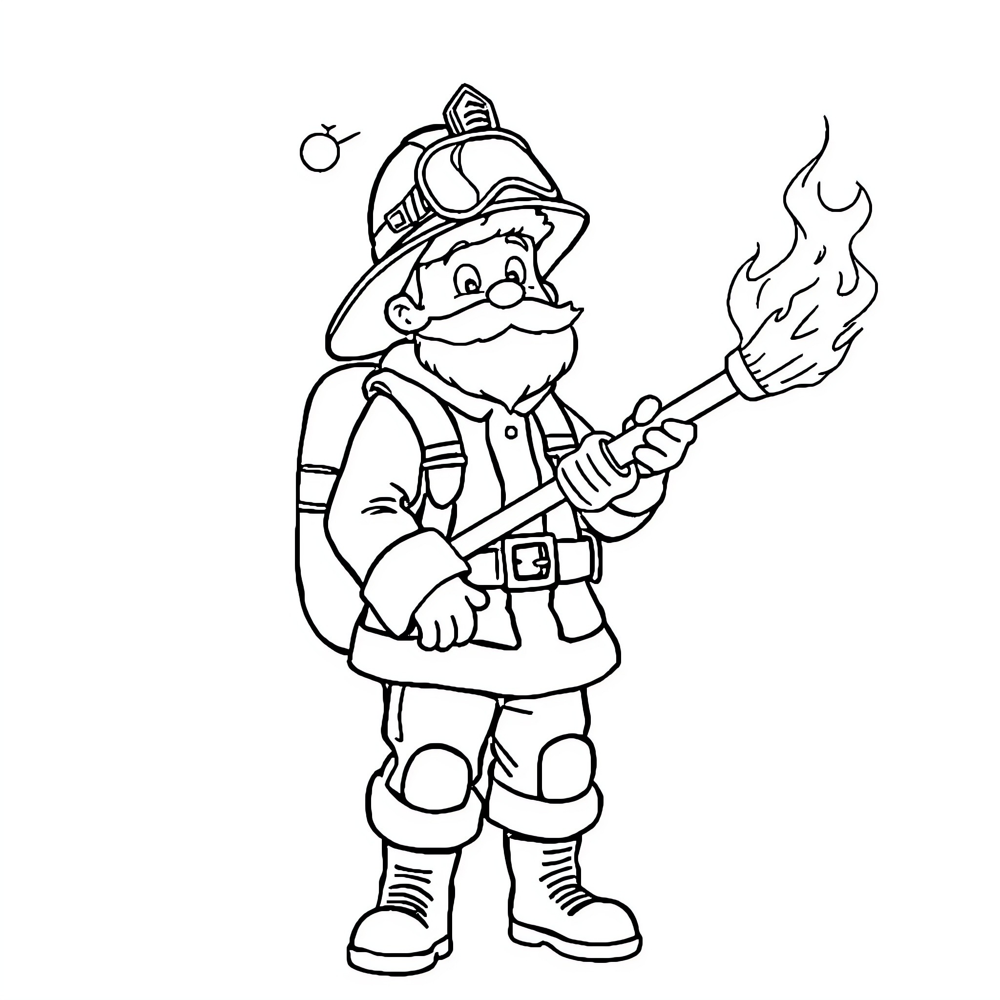 Bombero firefighter with extinguisher in action Coloring Page (free black-and-white line drawing printable PDF for all, from beginners to advanced learners, including children, teens, adults, and seniors)