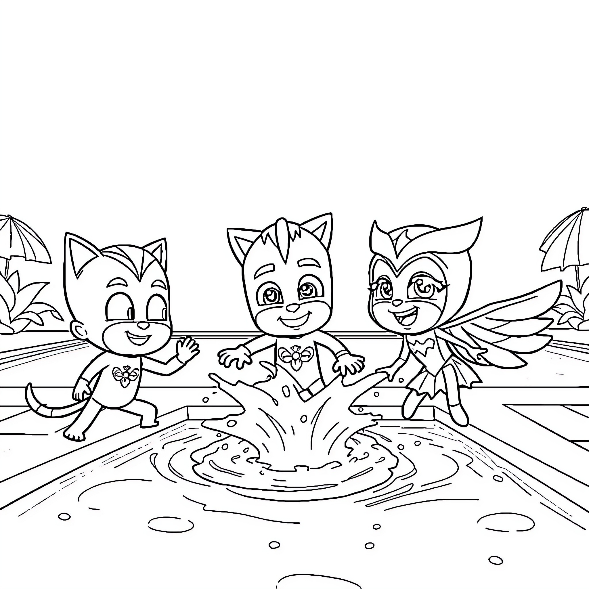 PJ Masks characters splashing in puddle Coloring Page (free black-and-white line drawing printable PDF for all, from beginners to advanced learners, including children, teens, adults, and seniors)