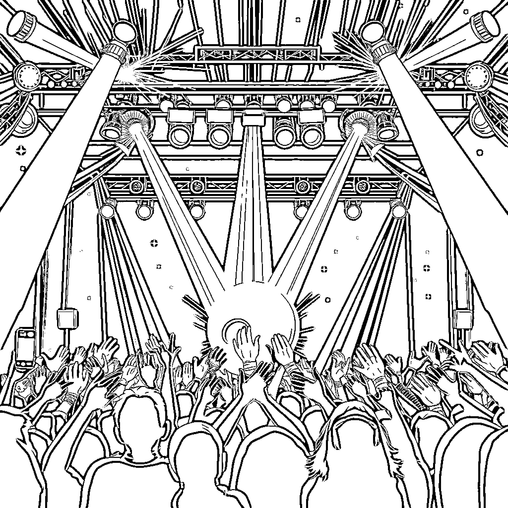 Kpop Crowd Cheering Enthusiastically on Stage Coloring Page (free black-and-white line drawing printable PDF for all, from beginners to advanced learners, including children, teens, adults, and seniors)
