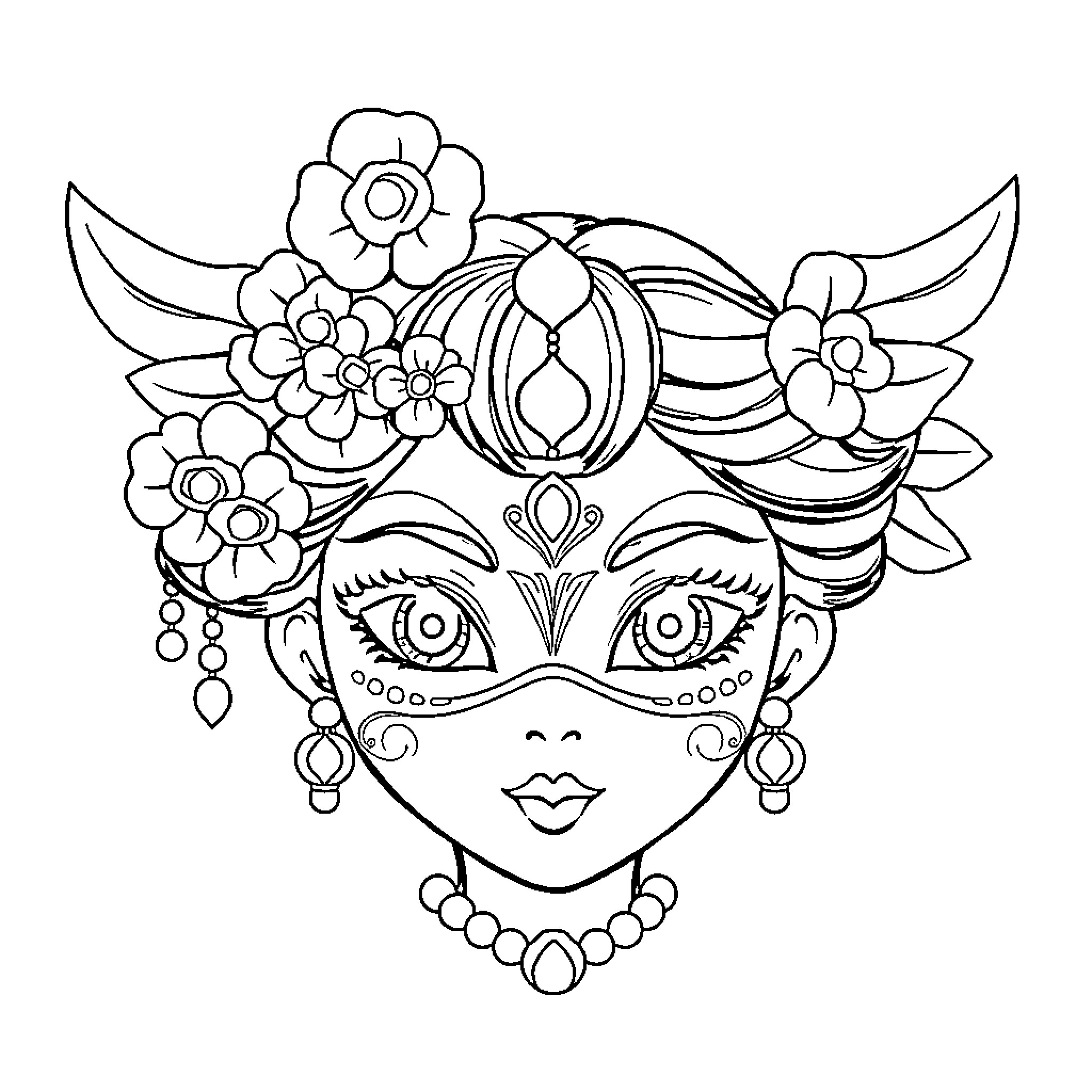 Princess Mask with Decorative Floral Accents Coloring Page (free black-and-white line drawing printable PDF for all, from beginners to advanced learners, including children, teens, adults, and seniors)