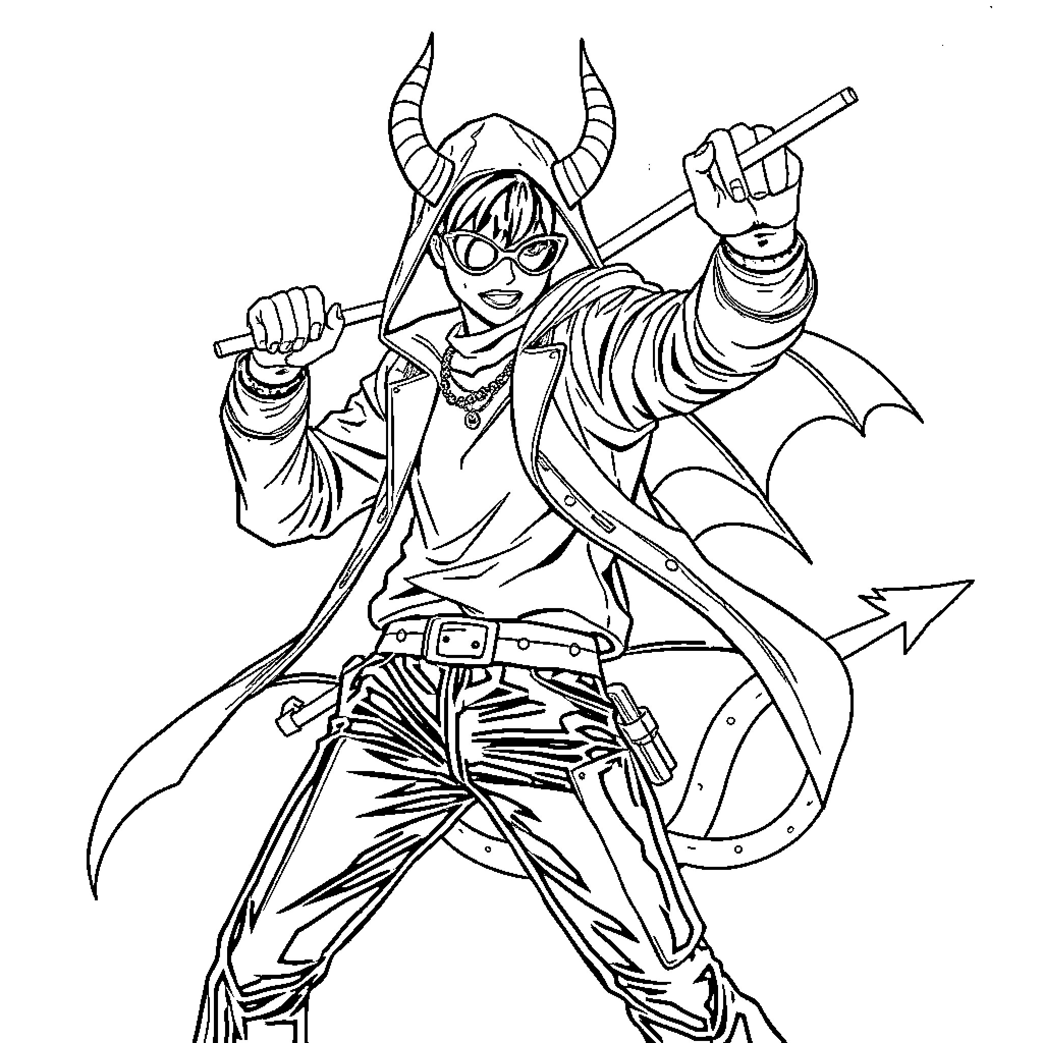 Demon Hunter Wielding Sword and Crossbow in Action Pose Coloring Page (free black-and-white line drawing printable PDF for all, from beginners to advanced learners, including children, teens, adults, and seniors)