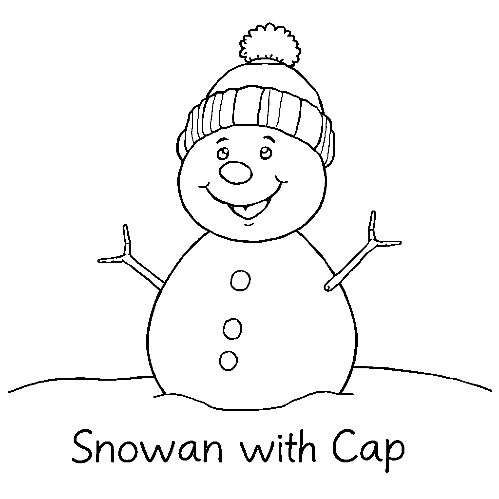 Snowman with Cap Coloring Page (free black-and-white line drawing printable PDF for all, from beginners to advanced learners, including children, teens, adults, and seniors)