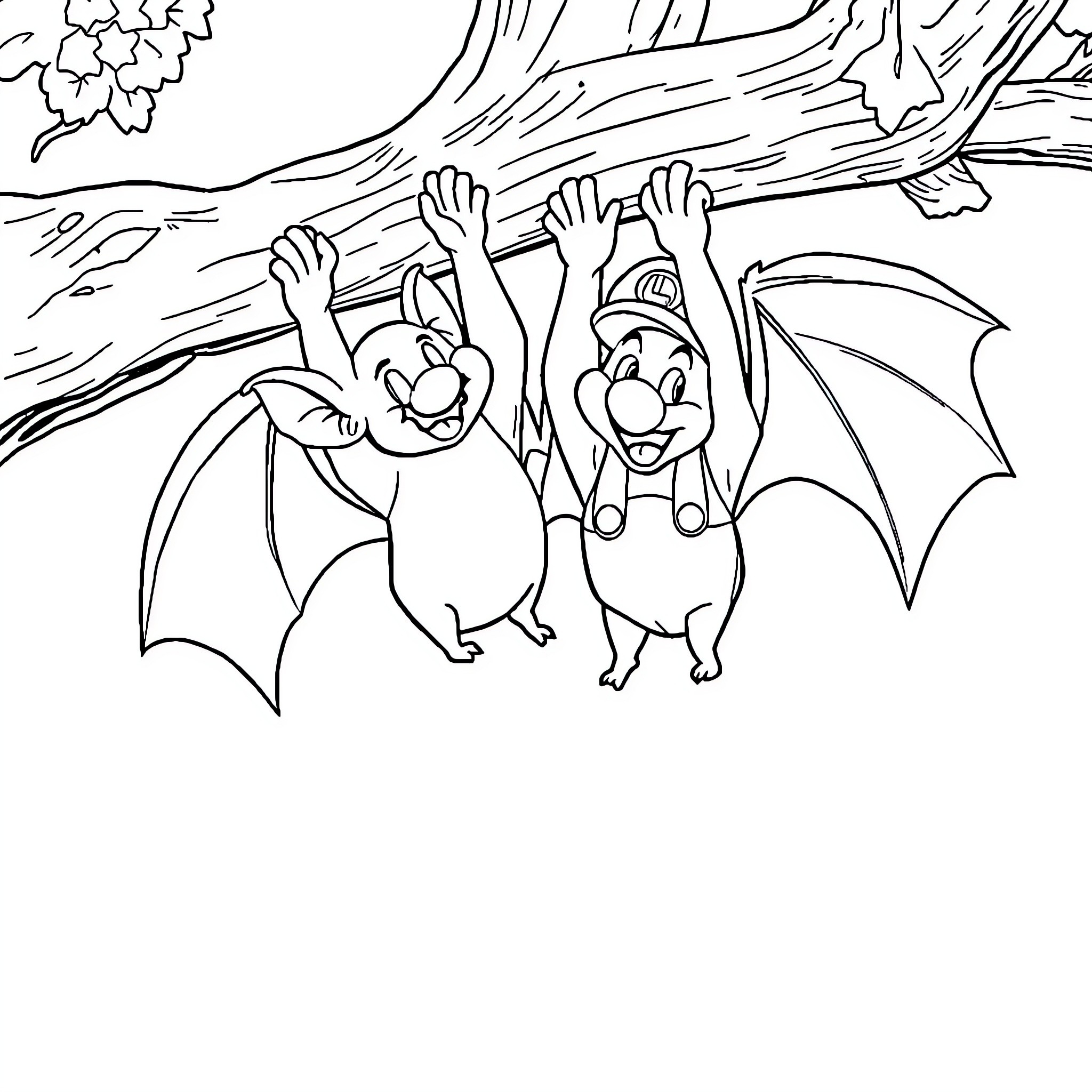 Bat friends flying joyfully in the forest Coloring Page (free black-and-white line drawing printable PDF for all, from beginners to advanced learners, including children, teens, adults, and seniors)