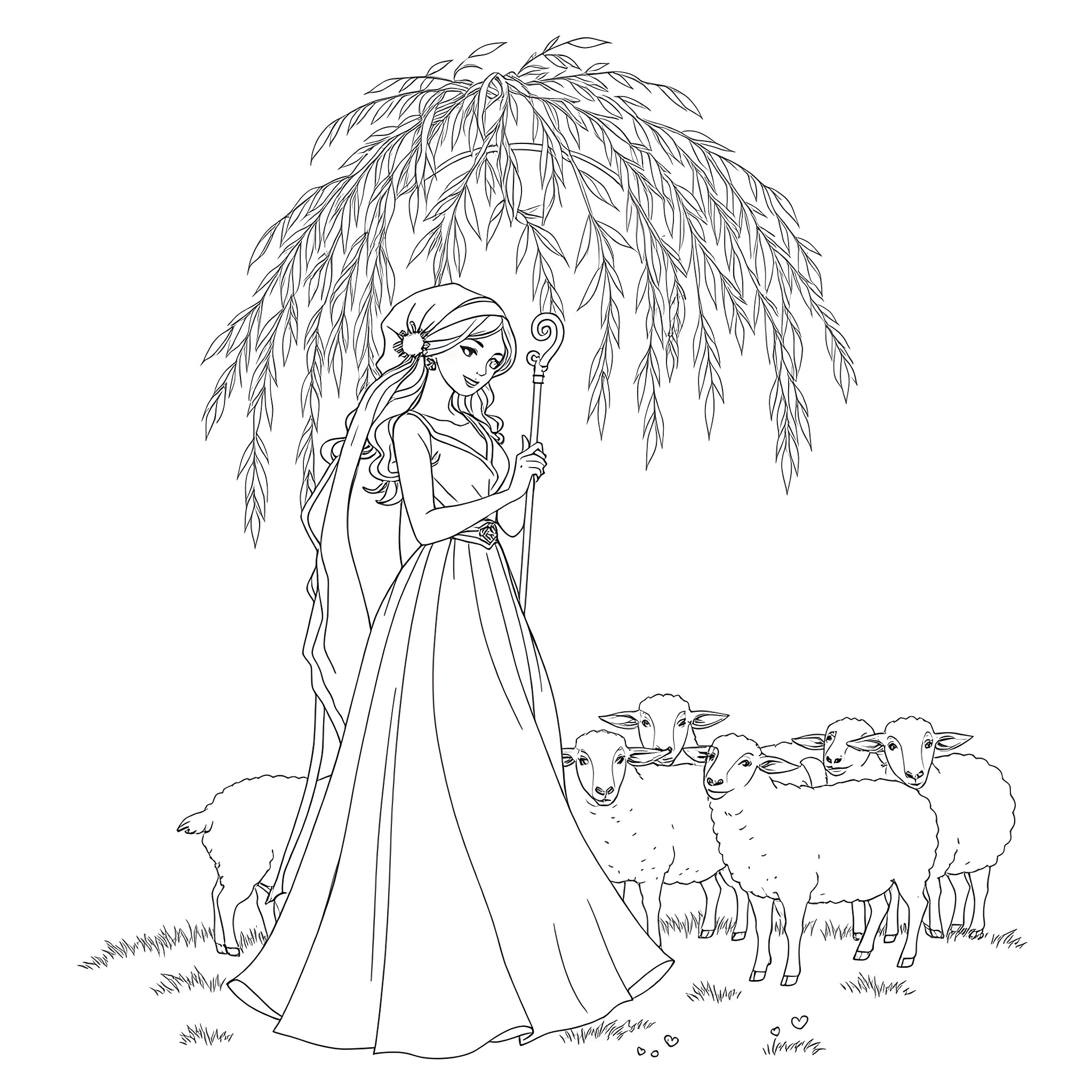 Bo Peep tending to her flock under a willow tree Coloring Page (free black-and-white line drawing printable PDF for all, from beginners to advanced learners, including children, teens, adults, and seniors)