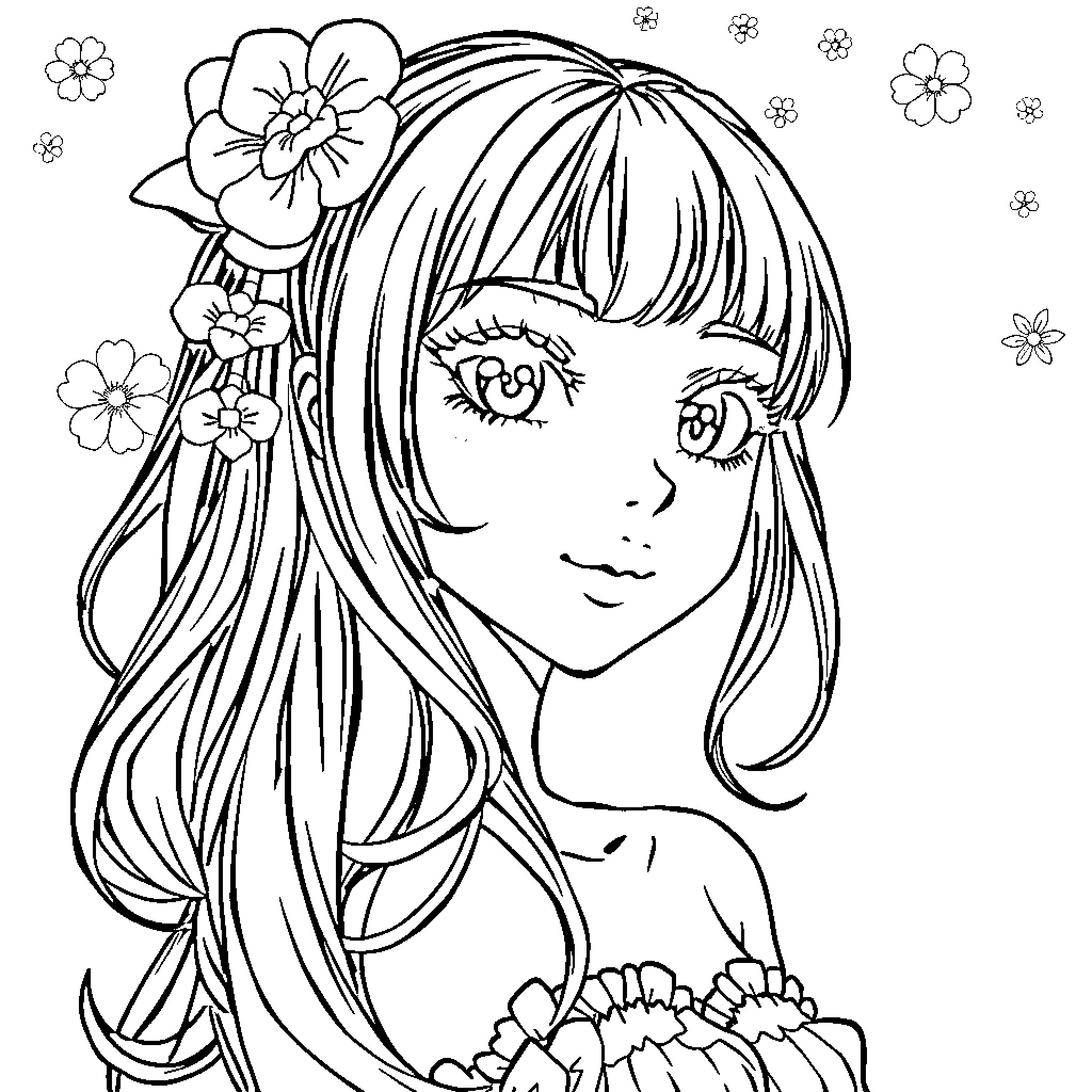 Girl with flowers in her hair Coloring Page (free black-and-white line drawing printable PDF for all, from beginners to advanced learners, including children, teens, adults, and seniors)
