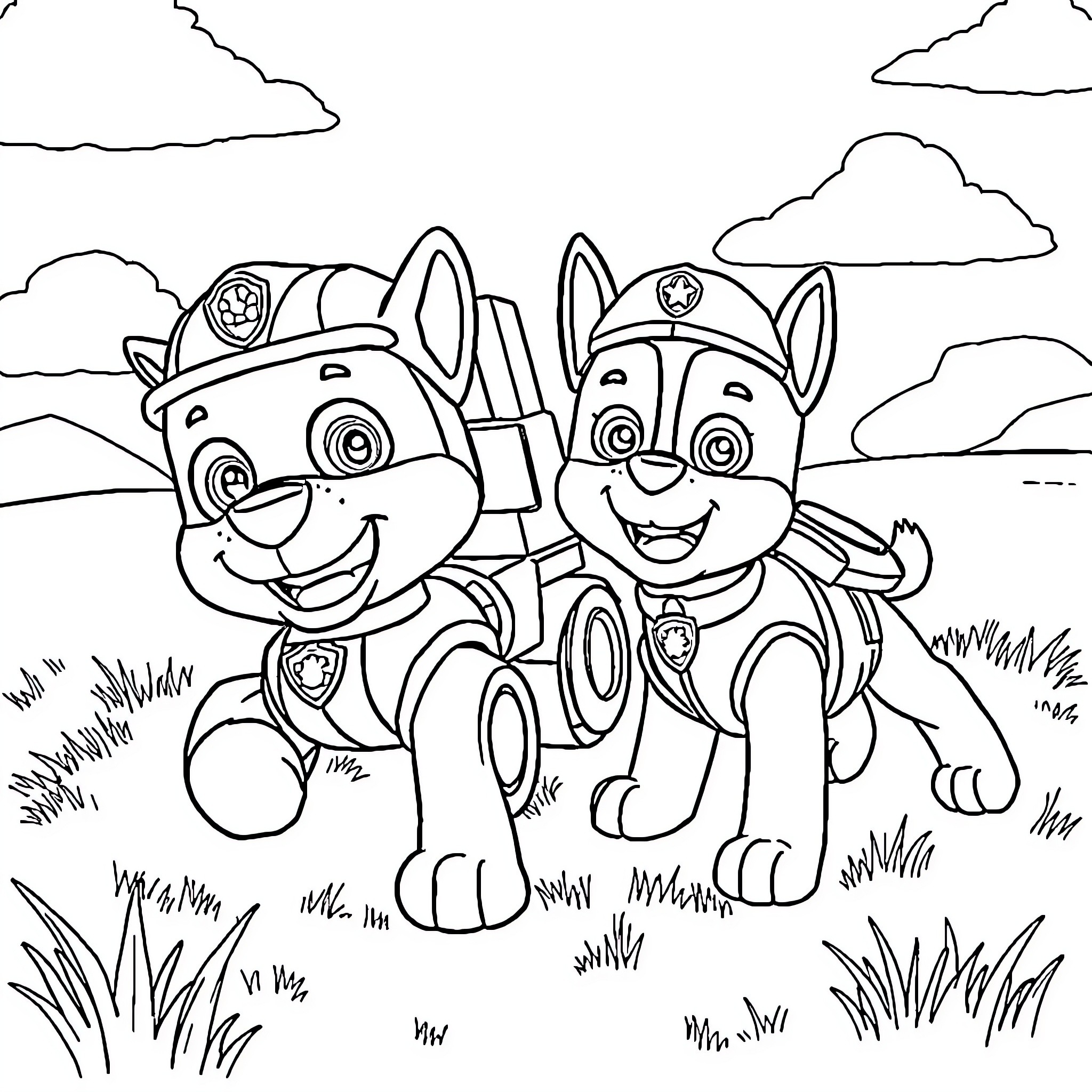 Paw Patrol Pups on Patrol in the Park Coloring Page (free black-and-white line drawing printable PDF for all, from beginners to advanced learners, including children, teens, adults, and seniors)