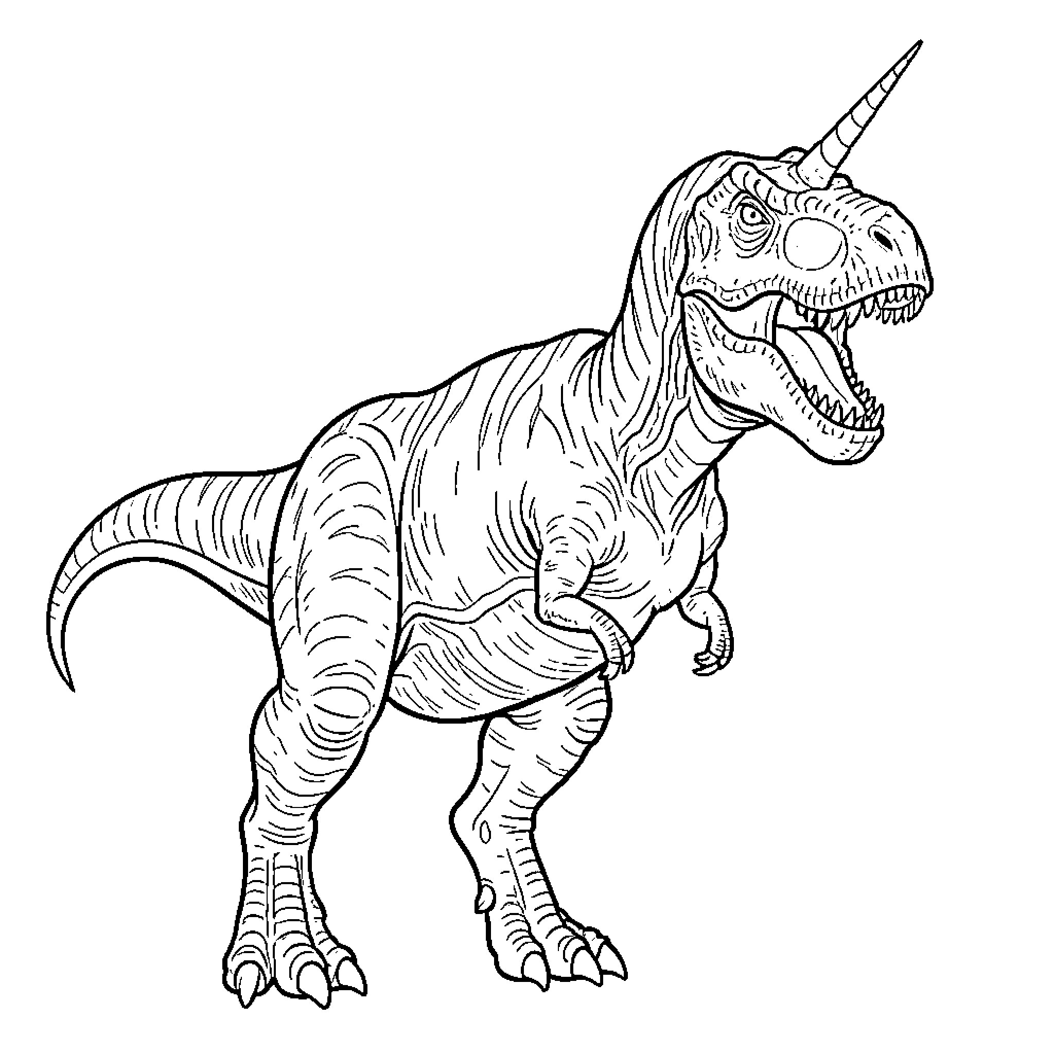 Unicorn T-Rex roaring with an open mouth Coloring Page (free black-and-white line drawing printable PDF for all, from beginners to advanced learners, including children, teens, adults, and seniors)