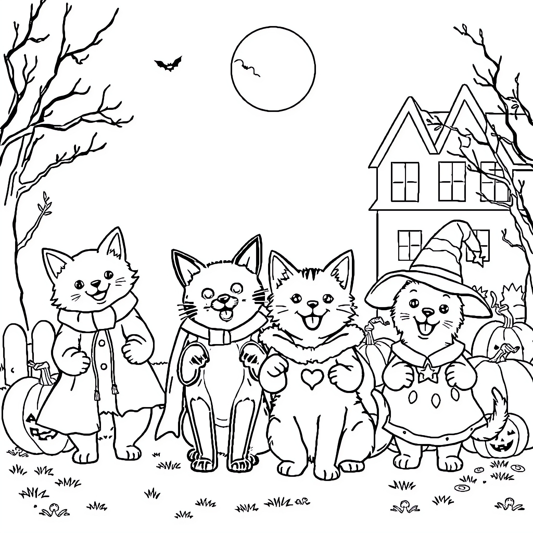 Cat and Dog Trick-or-Treating in the Moonlight Coloring Page (free black-and-white line drawing printable PDF for all, from beginners to advanced learners, including children, teens, adults, and seniors)