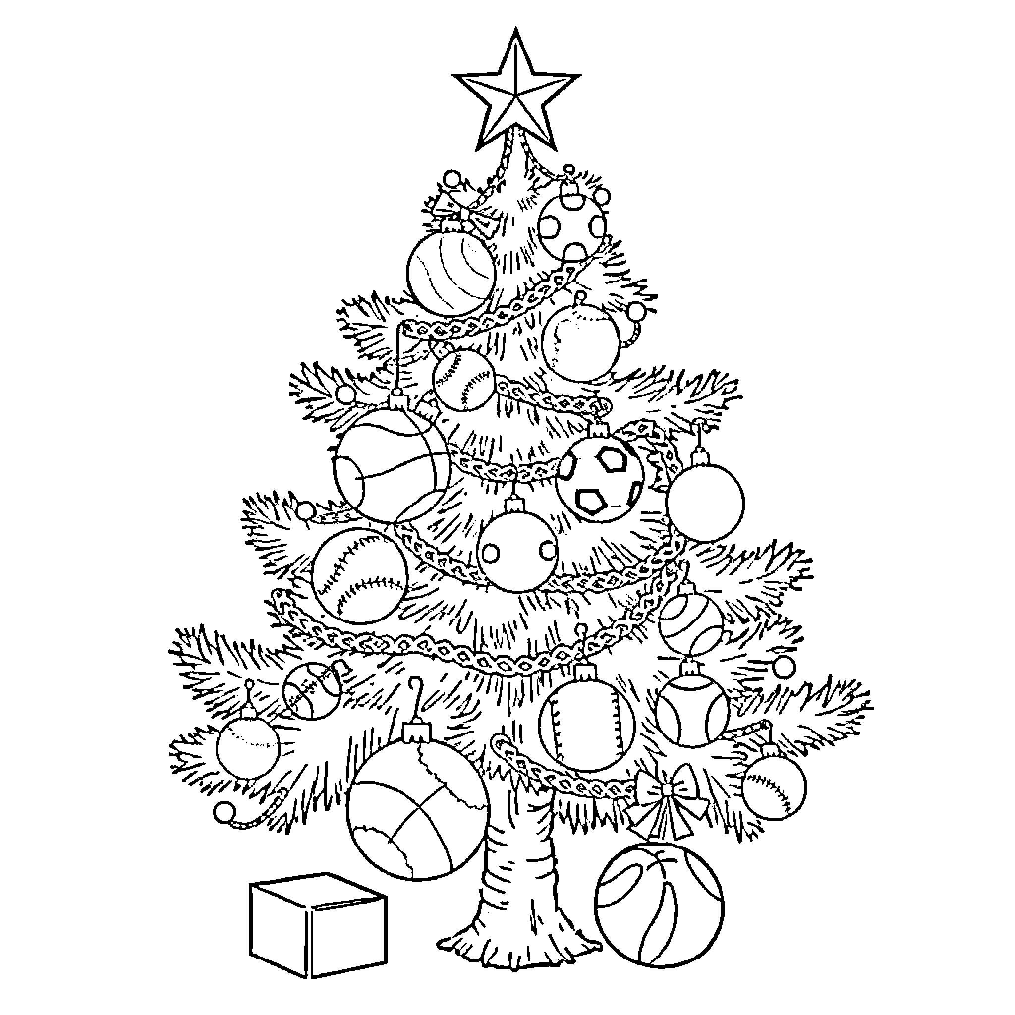 Christmas Tree with Festive Ornaments and Gifts Coloring Page (free black-and-white line drawing printable PDF for all, from beginners to advanced learners, including children, teens, adults, and seniors)