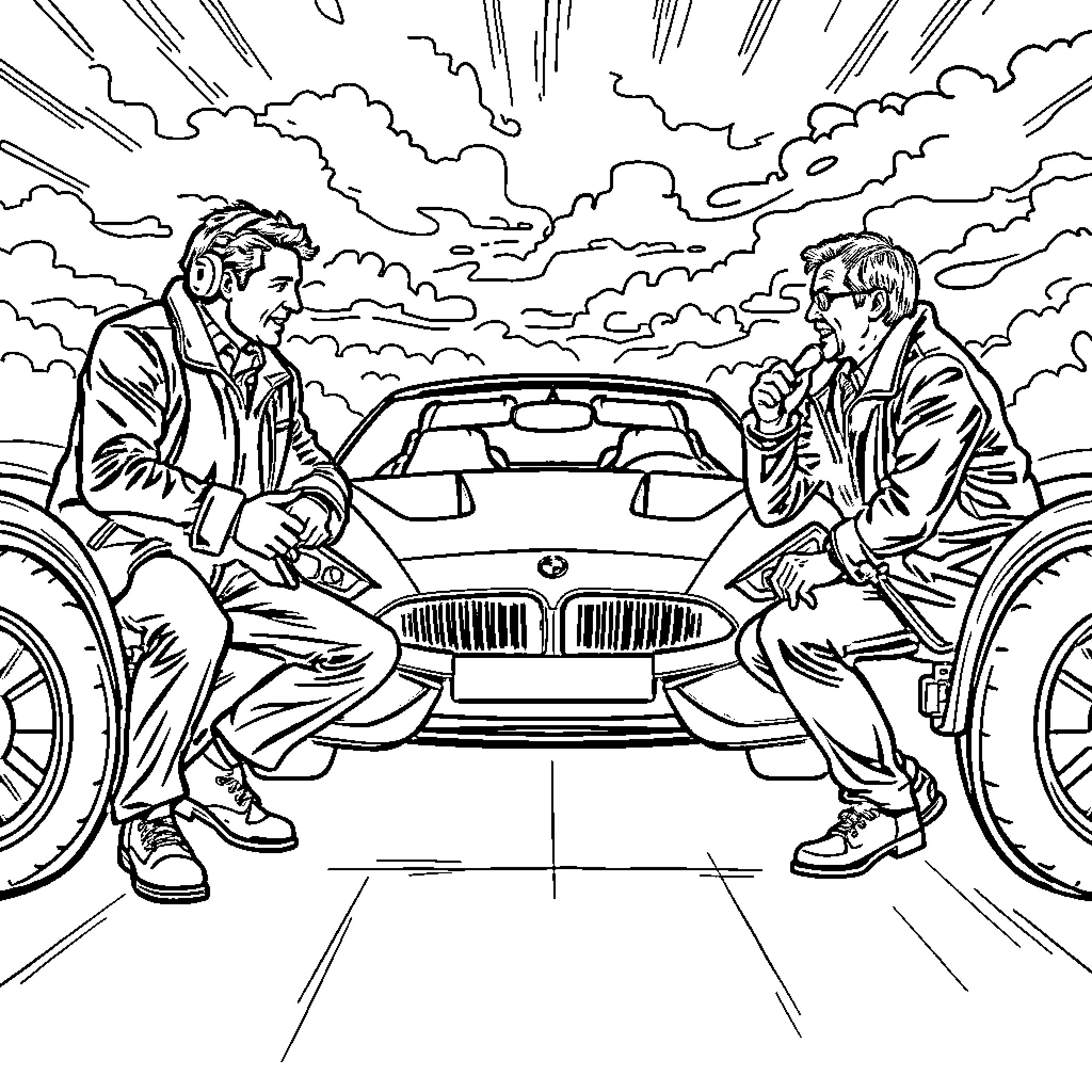 Moderator discussing an automotive design with a client Coloring Page (free black-and-white line drawing printable PDF for all, from beginners to advanced learners, including children, teens, adults, and seniors)