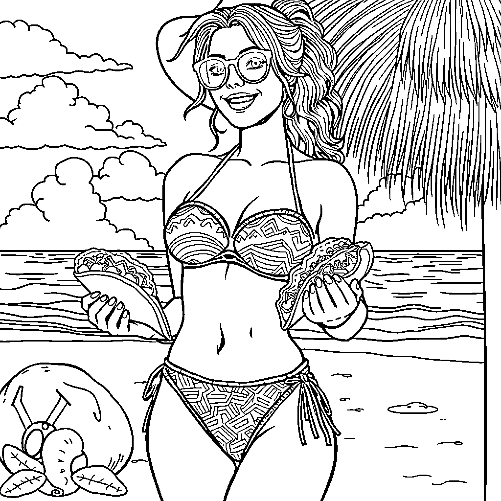 Woman in a tropical beach environment Coloring Page (free black-and-white line drawing printable PDF for all, from beginners to advanced learners, including children, teens, adults, and seniors)
