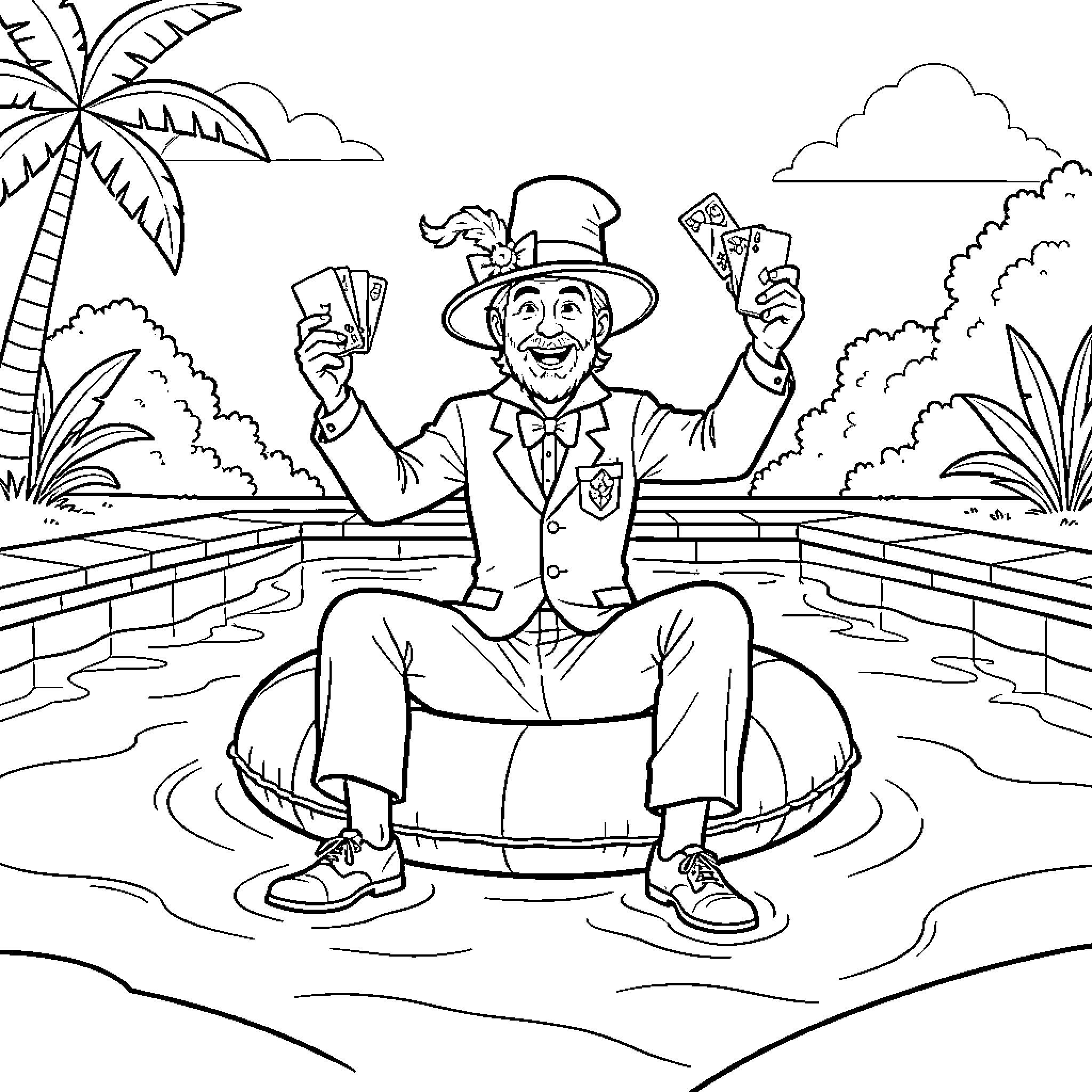 Magician performing card tricks while sitting on a floatie Coloring Page (free black-and-white line drawing printable PDF for all, from beginners to advanced learners, including children, teens, adults, and seniors)