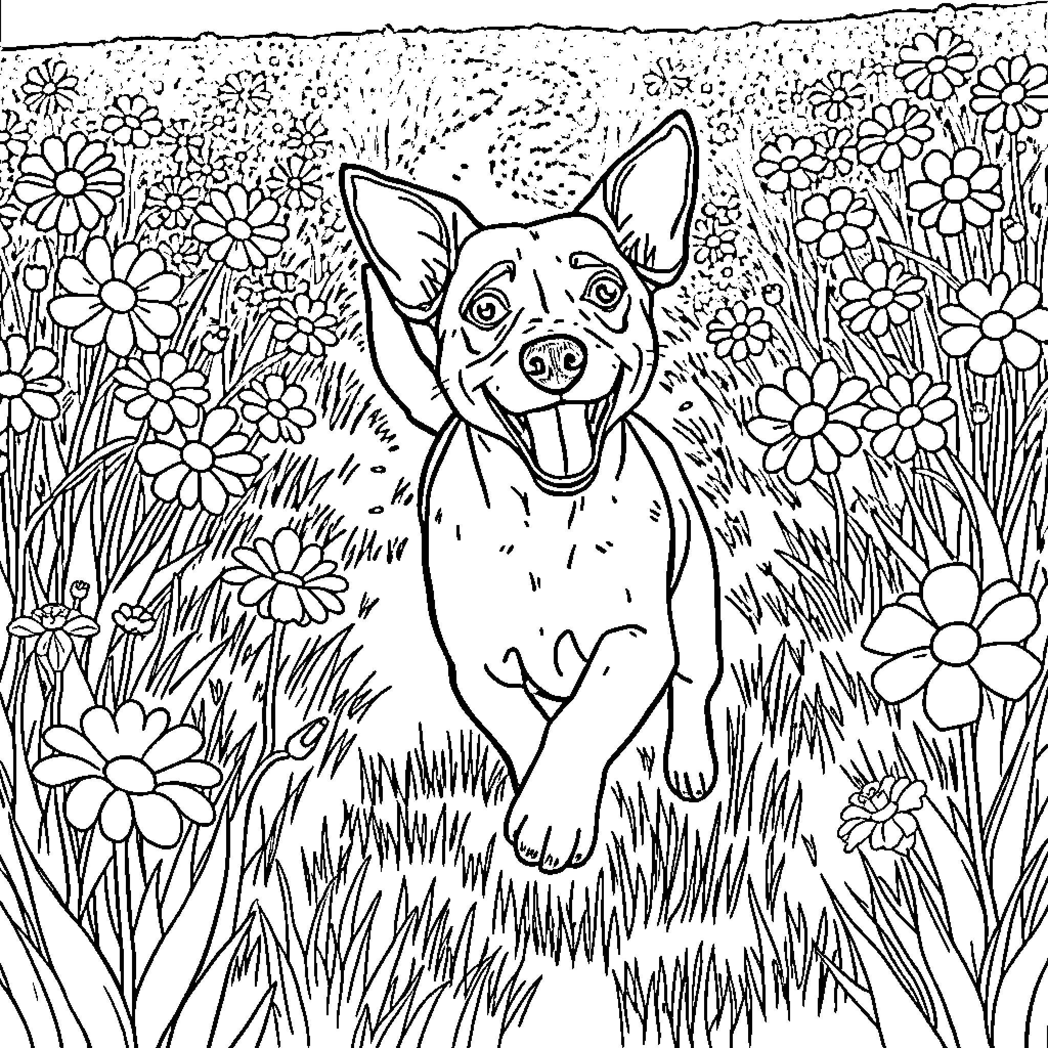 Jack Russell Terrier frolicking in a flower-filled meadow Coloring Page (free black-and-white line drawing printable PDF for all, from beginners to advanced learners, including children, teens, adults, and seniors)