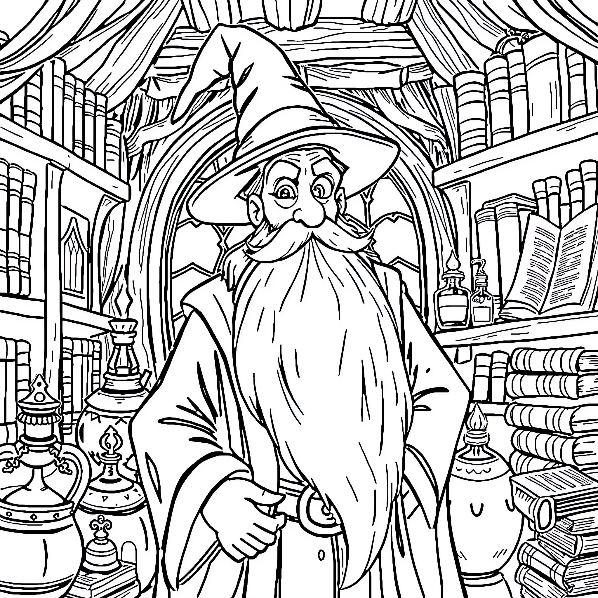 Merle Ambrose, the Wizard in the Enchanted Library Coloring Page (free black-and-white line drawing printable PDF for all, from beginners to advanced learners, including children, teens, adults, and seniors)