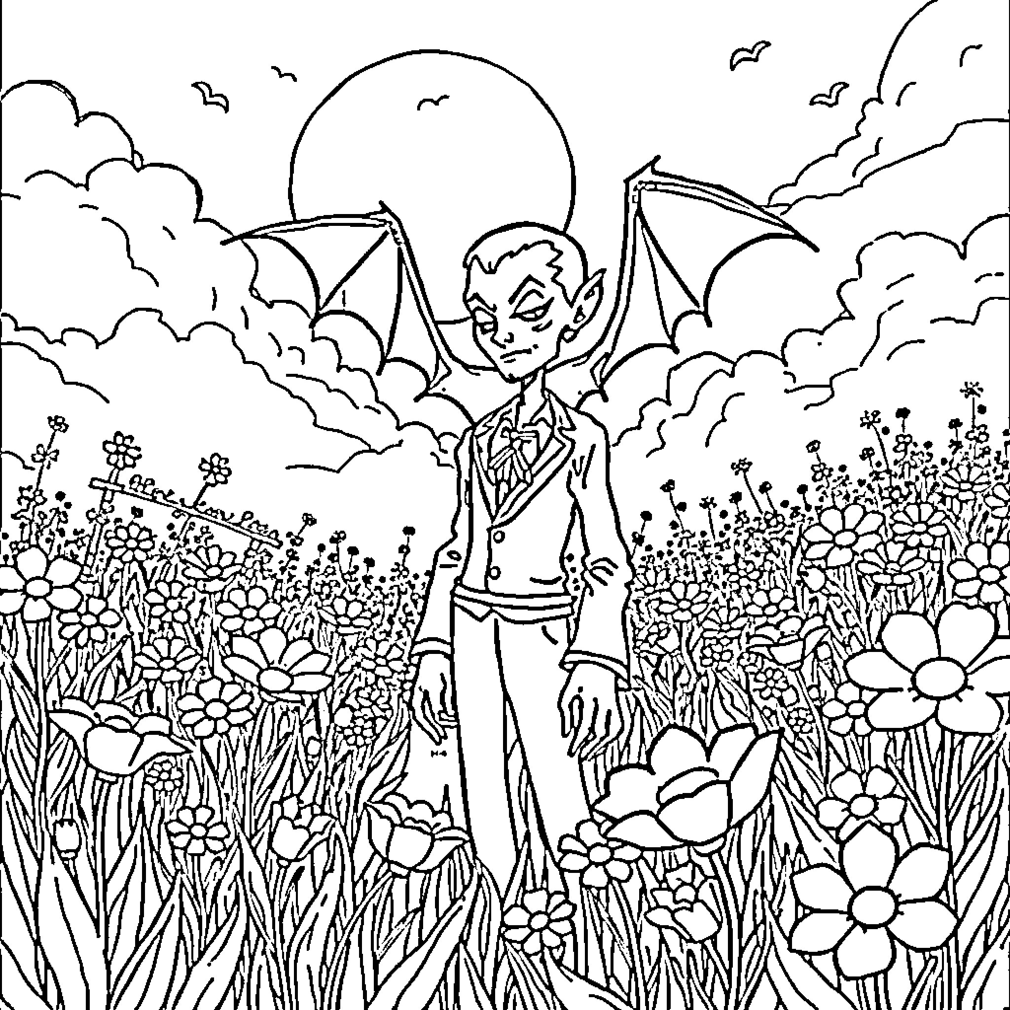 Vampire Soaring Through Whimsical Floral Landscape Coloring Page (free black-and-white line drawing printable PDF for all, from beginners to advanced learners, including children, teens, adults, and seniors)