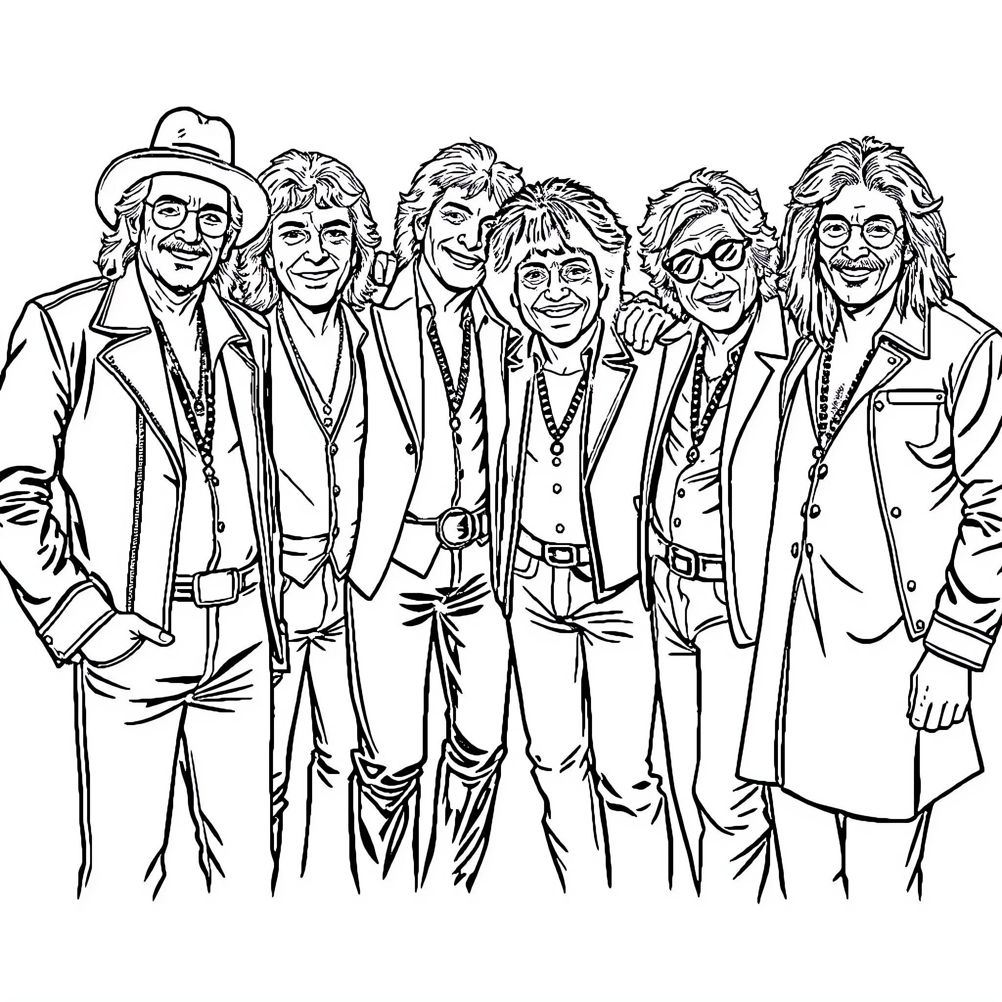 Musical Legend Performing Together in Stylish Outfits Coloring Page (free black-and-white line drawing printable PDF for all, from beginners to advanced learners, including children, teens, adults, and seniors)