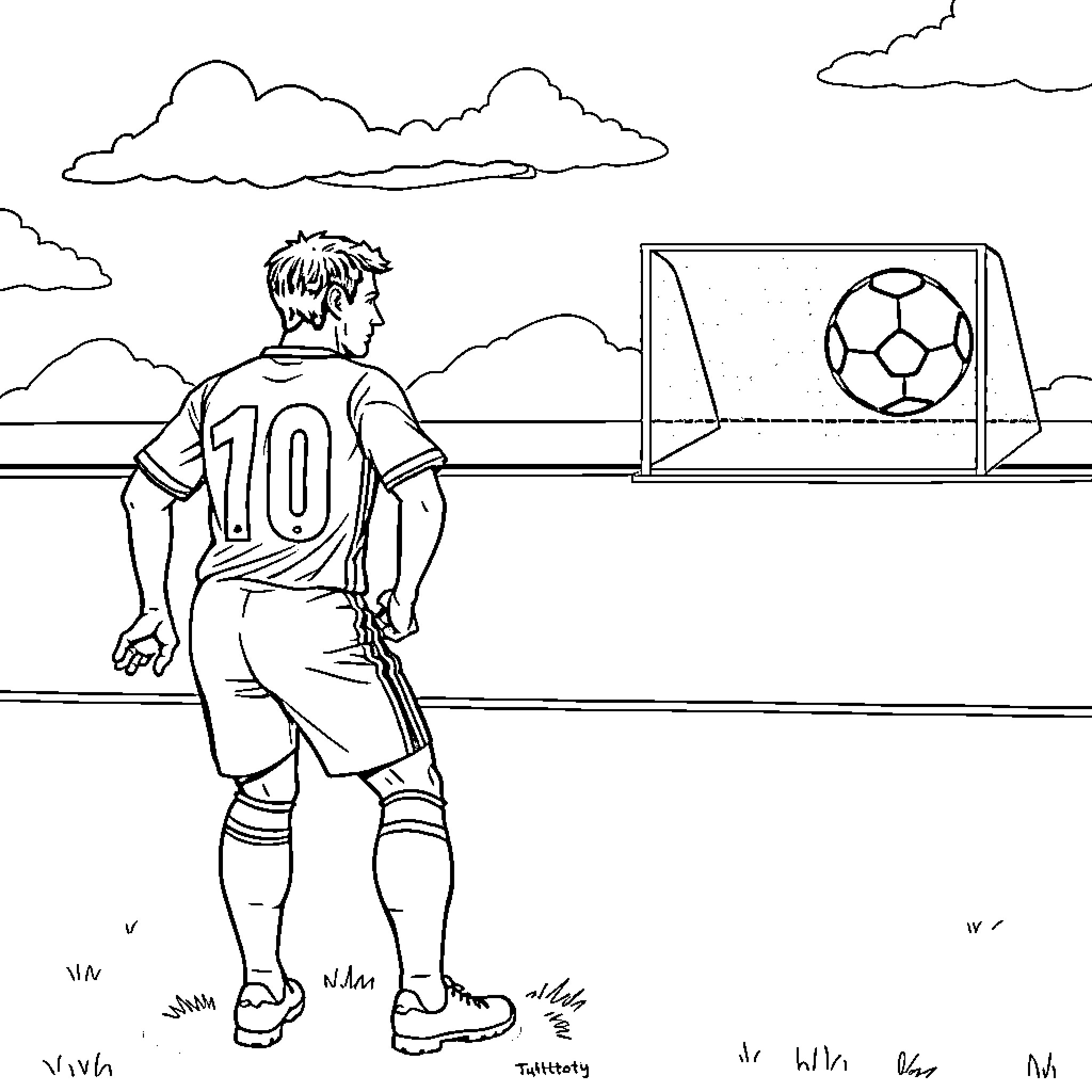 Totti preparing for a soccer match on the field Coloring Page (free black-and-white line drawing printable PDF for all, from beginners to advanced learners, including children, teens, adults, and seniors)