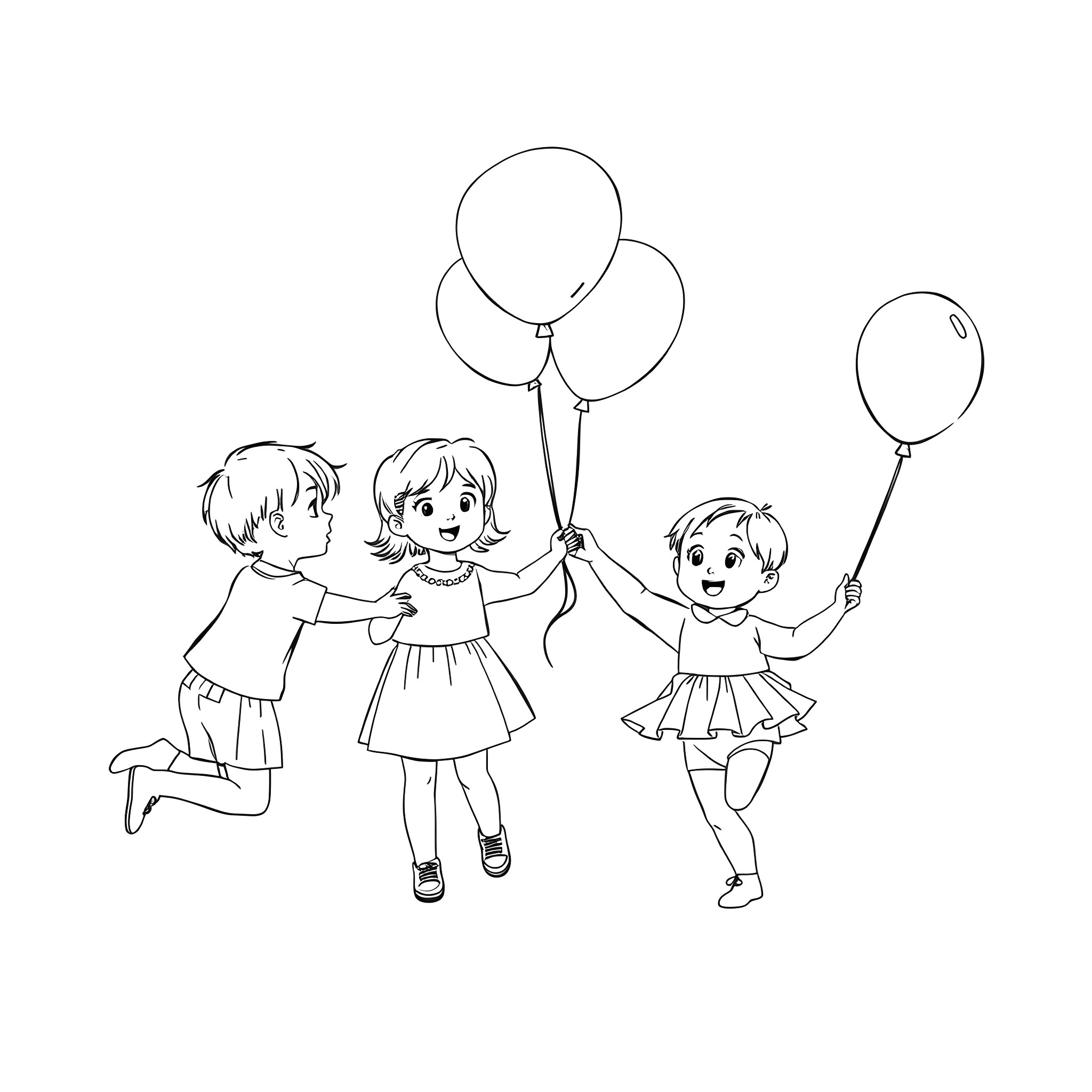 Children playing with balloons joyfully Coloring Page (free black-and-white line drawing printable PDF for all, from beginners to advanced learners, including children, teens, adults, and seniors)