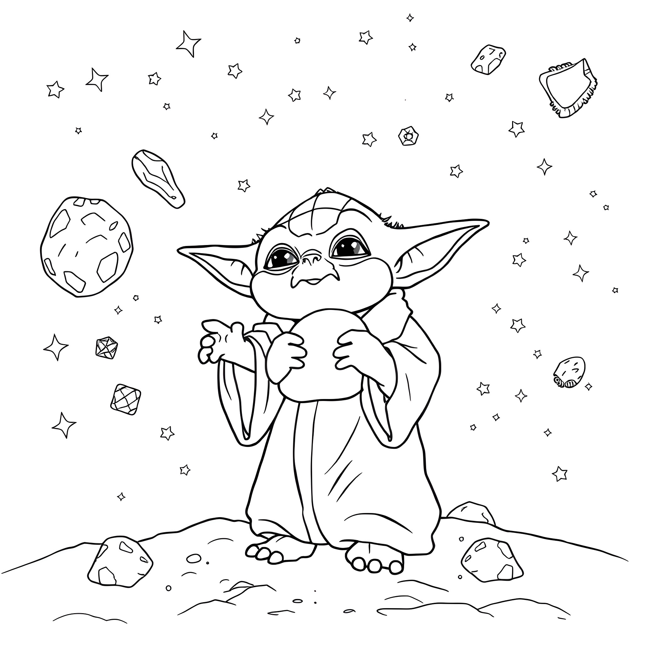Yoda gazing curiously at the cosmic wonders Coloring Page (free black-and-white line drawing printable PDF for all, from beginners to advanced learners, including children, teens, adults, and seniors)
