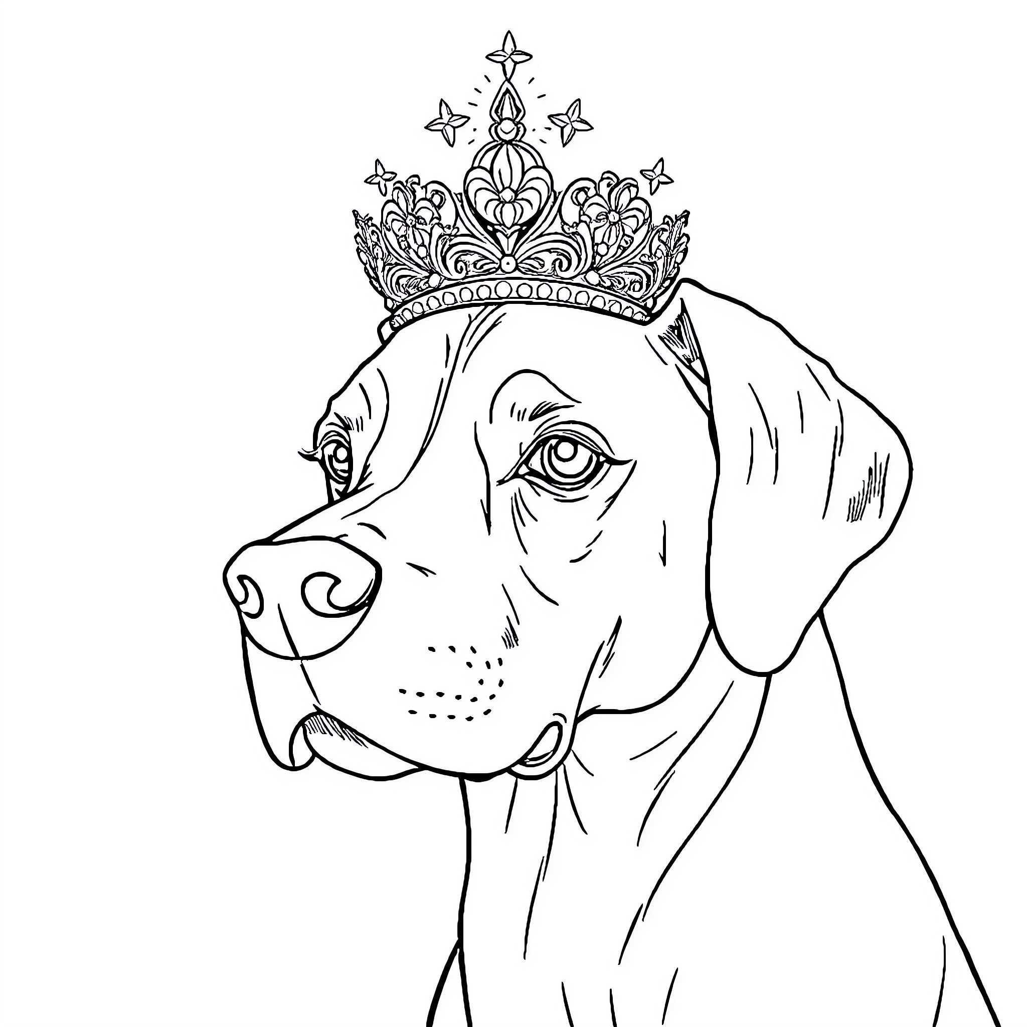 Daniff wearing a crown of stars Coloring Page (free black-and-white line drawing printable PDF for all, from beginners to advanced learners, including children, teens, adults, and seniors)