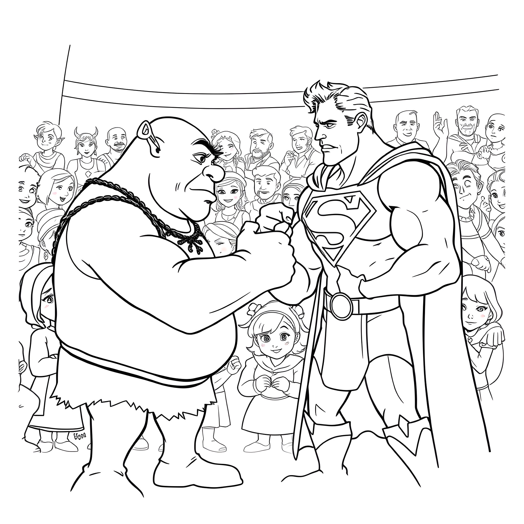Shrek and Superman facing off in a crowded arena Coloring Page (free black-and-white line drawing printable PDF for all, from beginners to advanced learners, including children, teens, adults, and seniors)