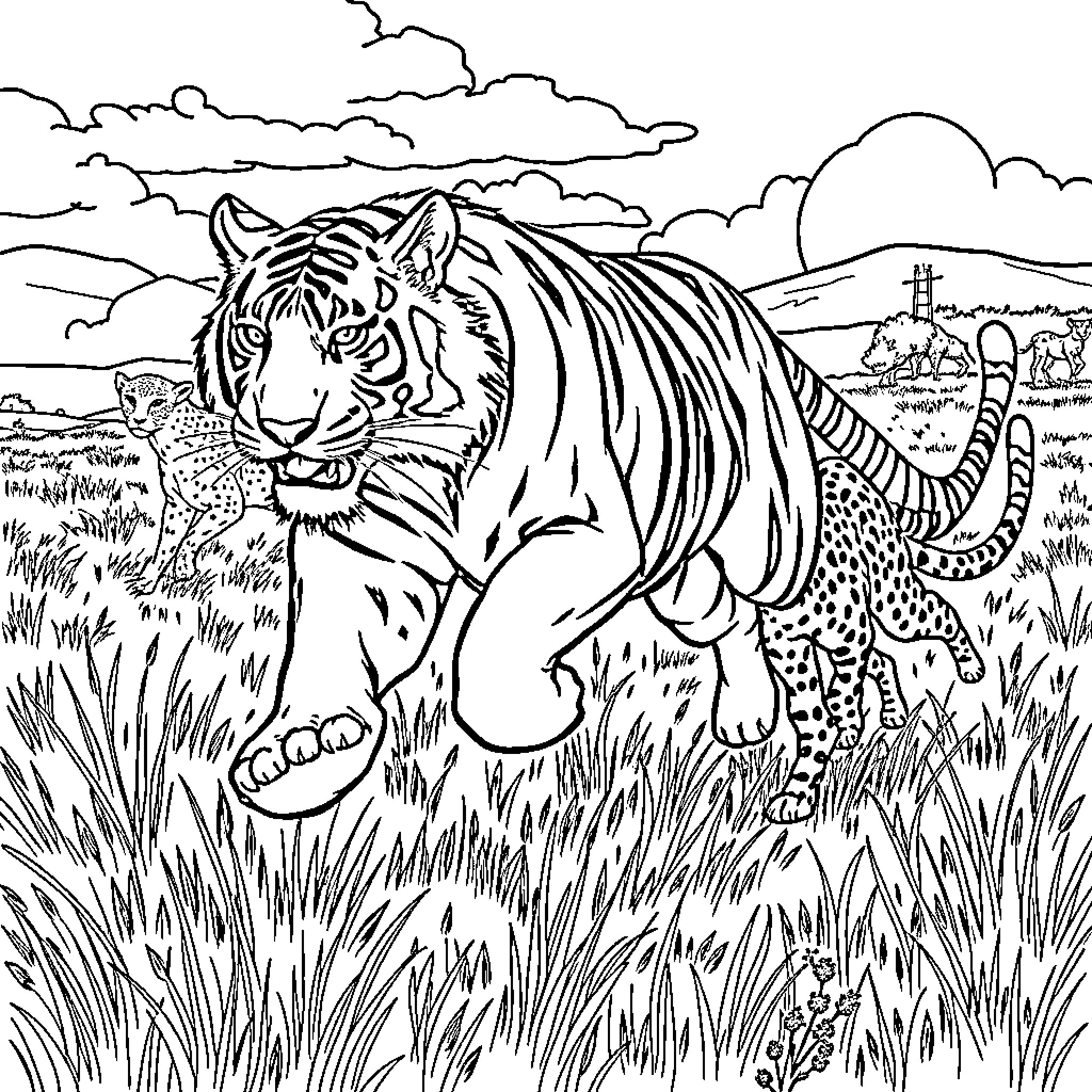 Tiger roaming through a lush, scenic landscape Coloring Page (free black-and-white line drawing printable PDF for all, from beginners to advanced learners, including children, teens, adults, and seniors)