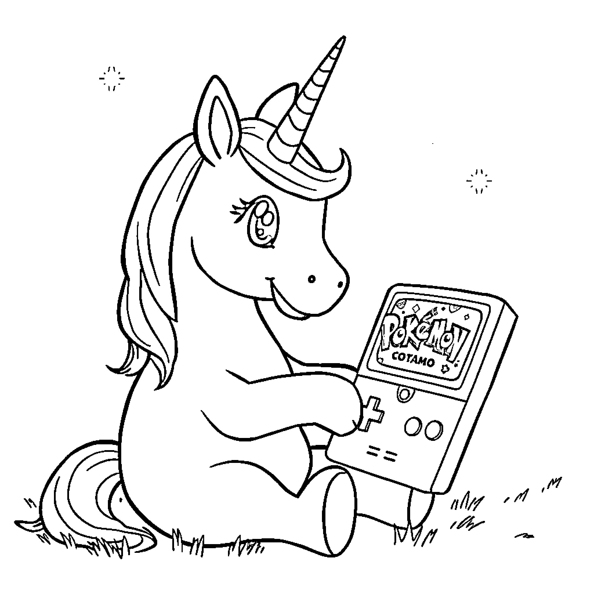 Unicorn Playing with Handheld Game Console Coloring Page (free black-and-white line drawing printable PDF for all, from beginners to advanced learners, including children, teens, adults, and seniors)