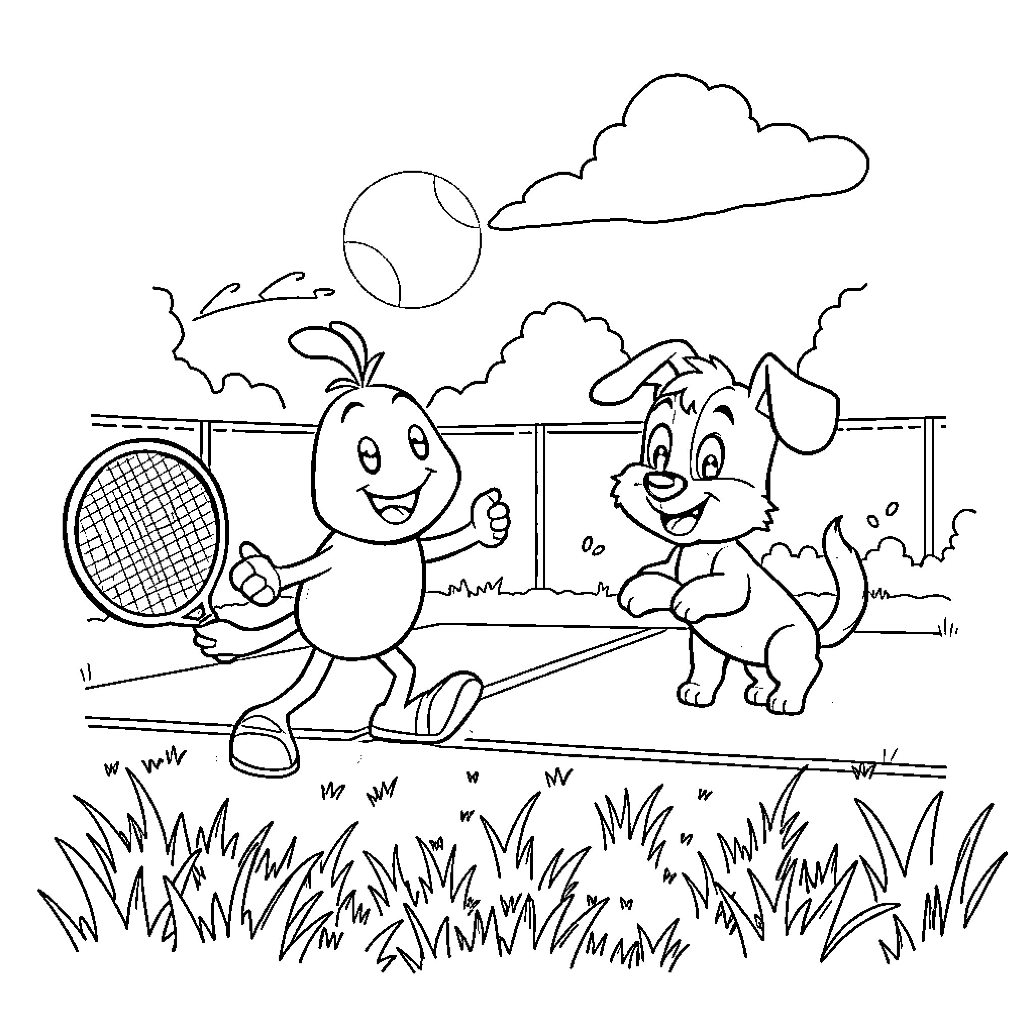 Fantorangen playing tennis with a cheerful companion Coloring Page (free black-and-white line drawing printable PDF for all, from beginners to advanced learners, including children, teens, adults, and seniors)