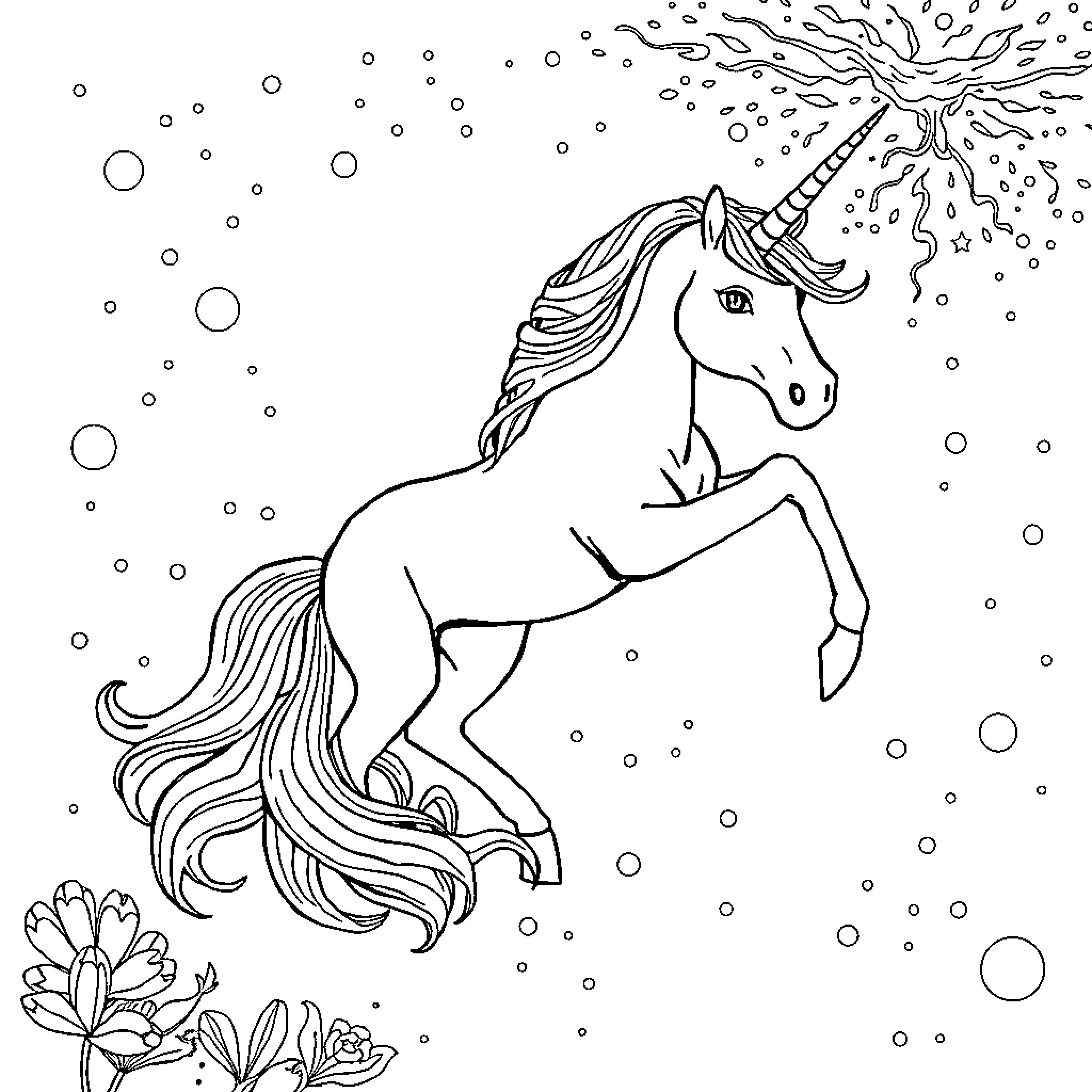 Unicorn galloping through a magical winter wonderland Coloring Page (free black-and-white line drawing printable PDF for all, from beginners to advanced learners, including children, teens, adults, and seniors)