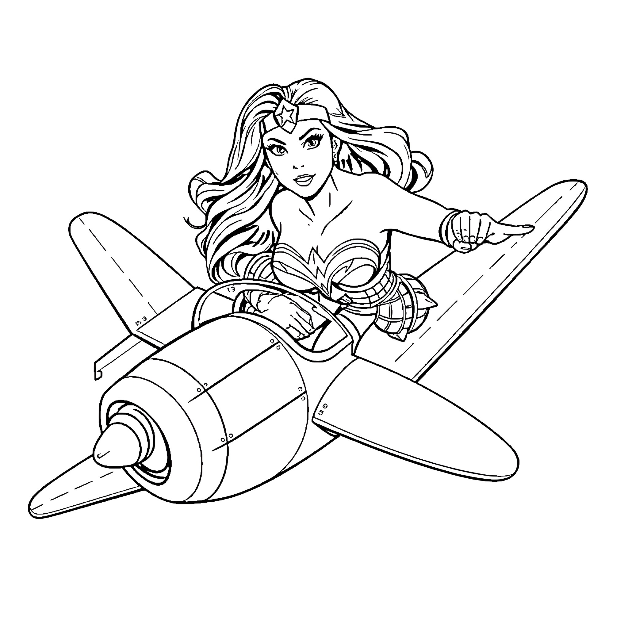 Wonder Woman flying an airplane with determination Coloring Page (free black-and-white line drawing printable PDF for all, from beginners to advanced learners, including children, teens, adults, and seniors)