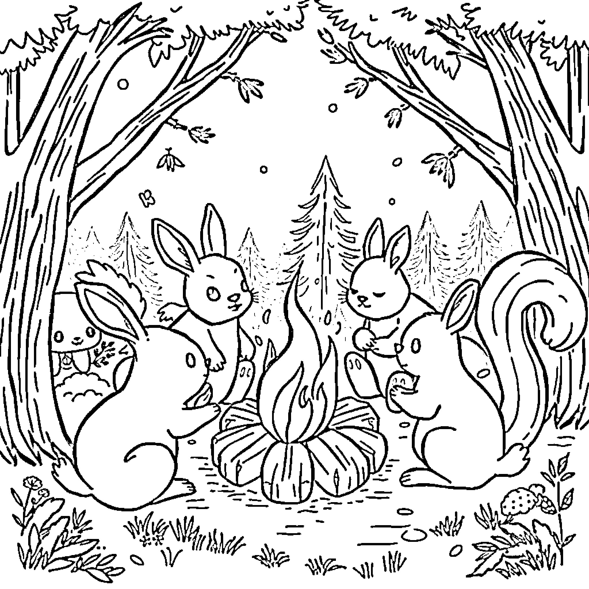 Woodland Creature Campfire with Bunnies and Squirrels Coloring Page (free black-and-white line drawing printable PDF for all, from beginners to advanced learners, including children, teens, adults, and seniors)