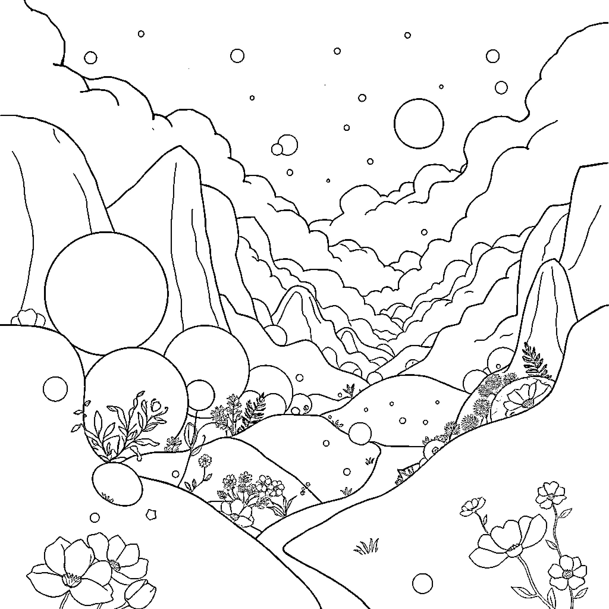 Dreamcore Ethereal Landscape with Celestial Elements Coloring Page (free black-and-white line drawing printable PDF for all, from beginners to advanced learners, including children, teens, adults, and seniors)
