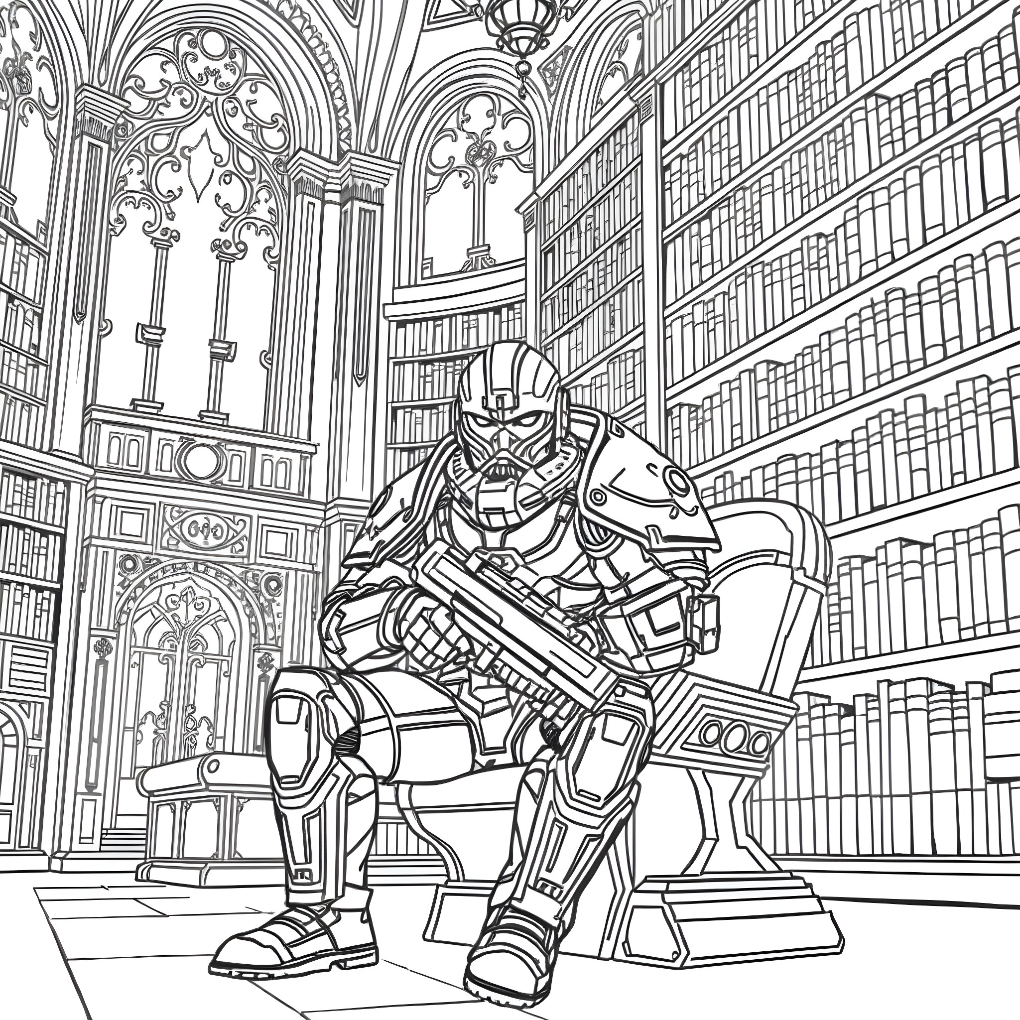 Space Marine Exploring Ornate Library Halls Coloring Page (free black-and-white line drawing printable PDF for all, from beginners to advanced learners, including children, teens, adults, and seniors)