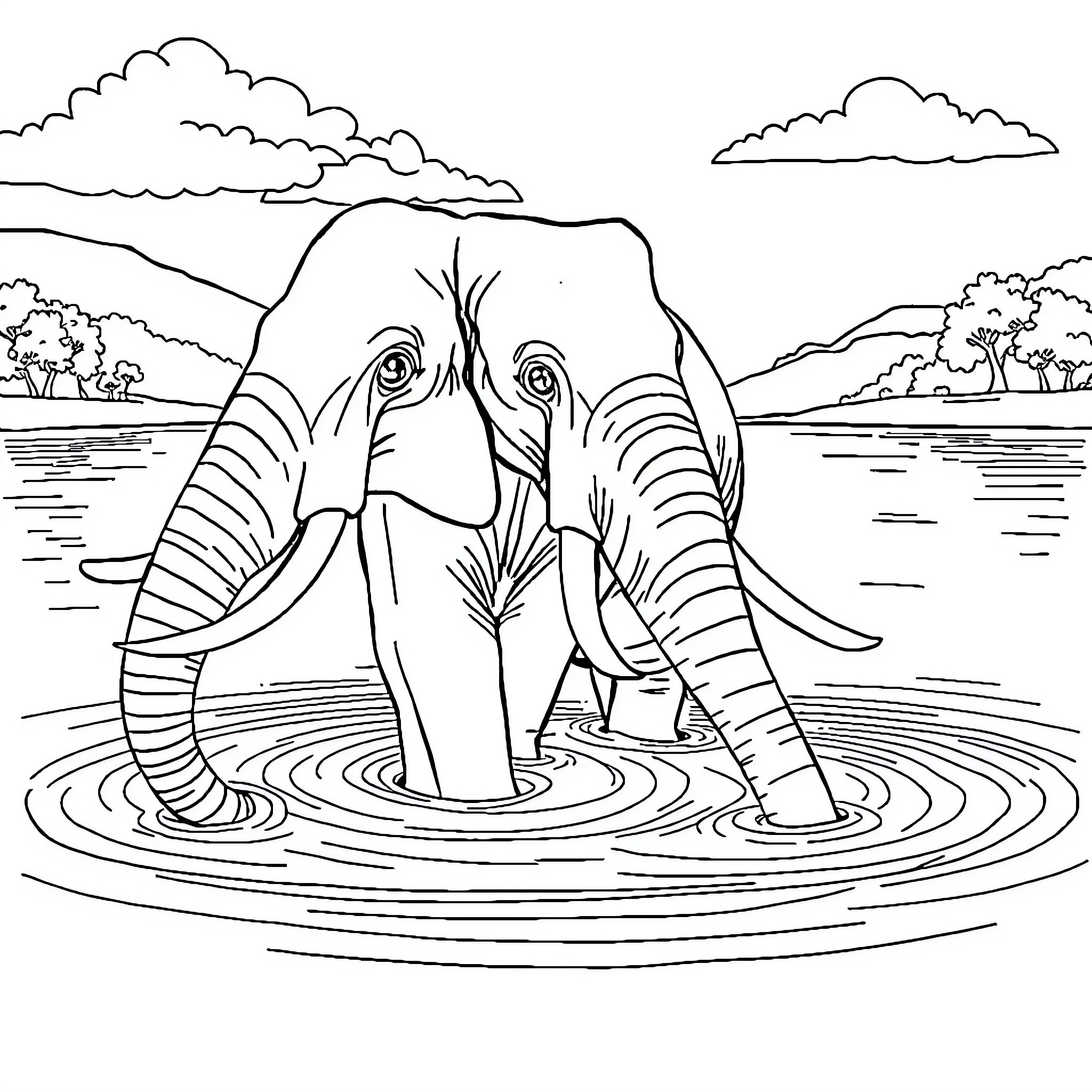 Elephant swimming in lake with rippling water Coloring Page (free black-and-white line drawing printable PDF for all, from beginners to advanced learners, including children, teens, adults, and seniors)