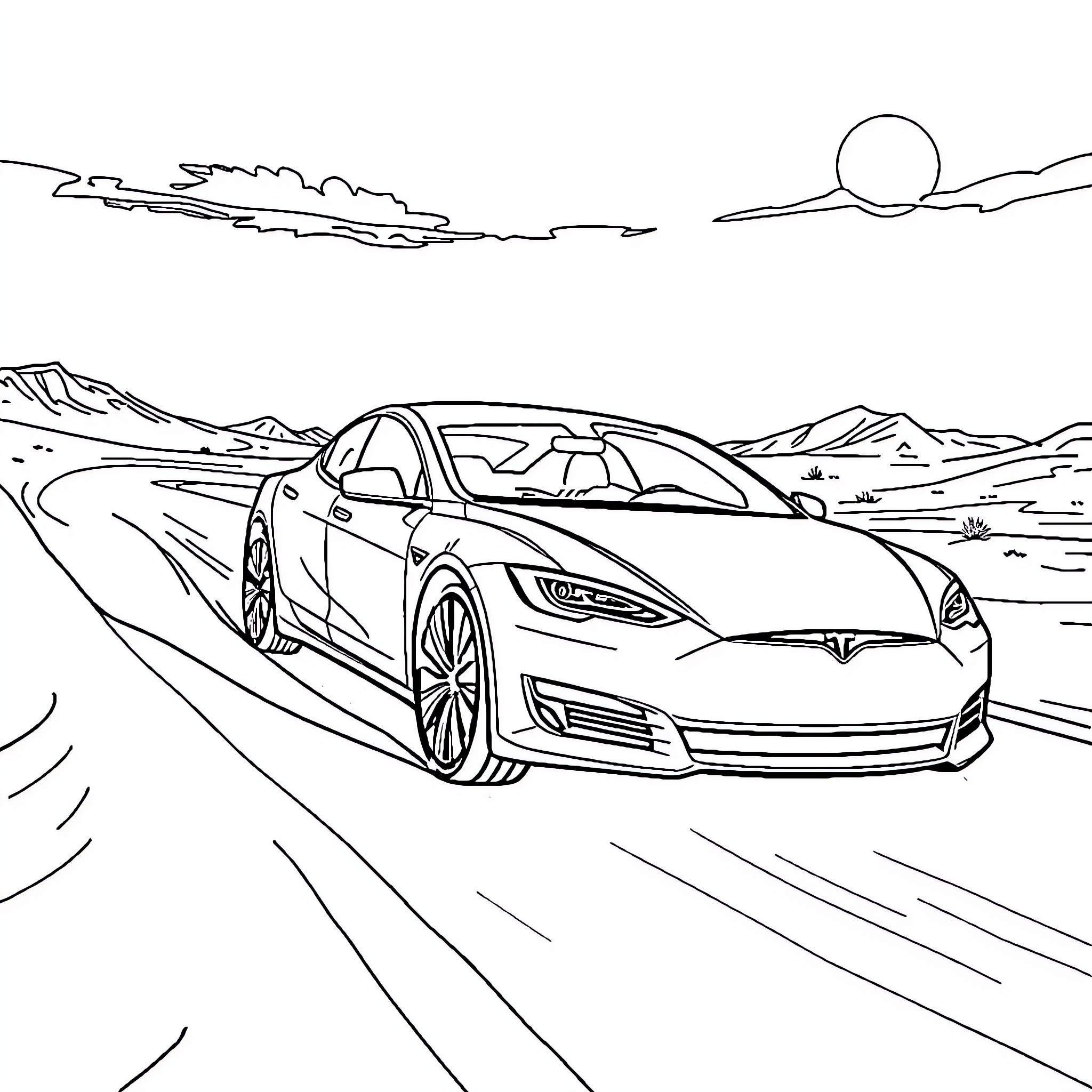 Tesla electric vehicle on the open road Coloring Page (free black-and-white line drawing printable PDF for all, from beginners to advanced learners, including children, teens, adults, and seniors)