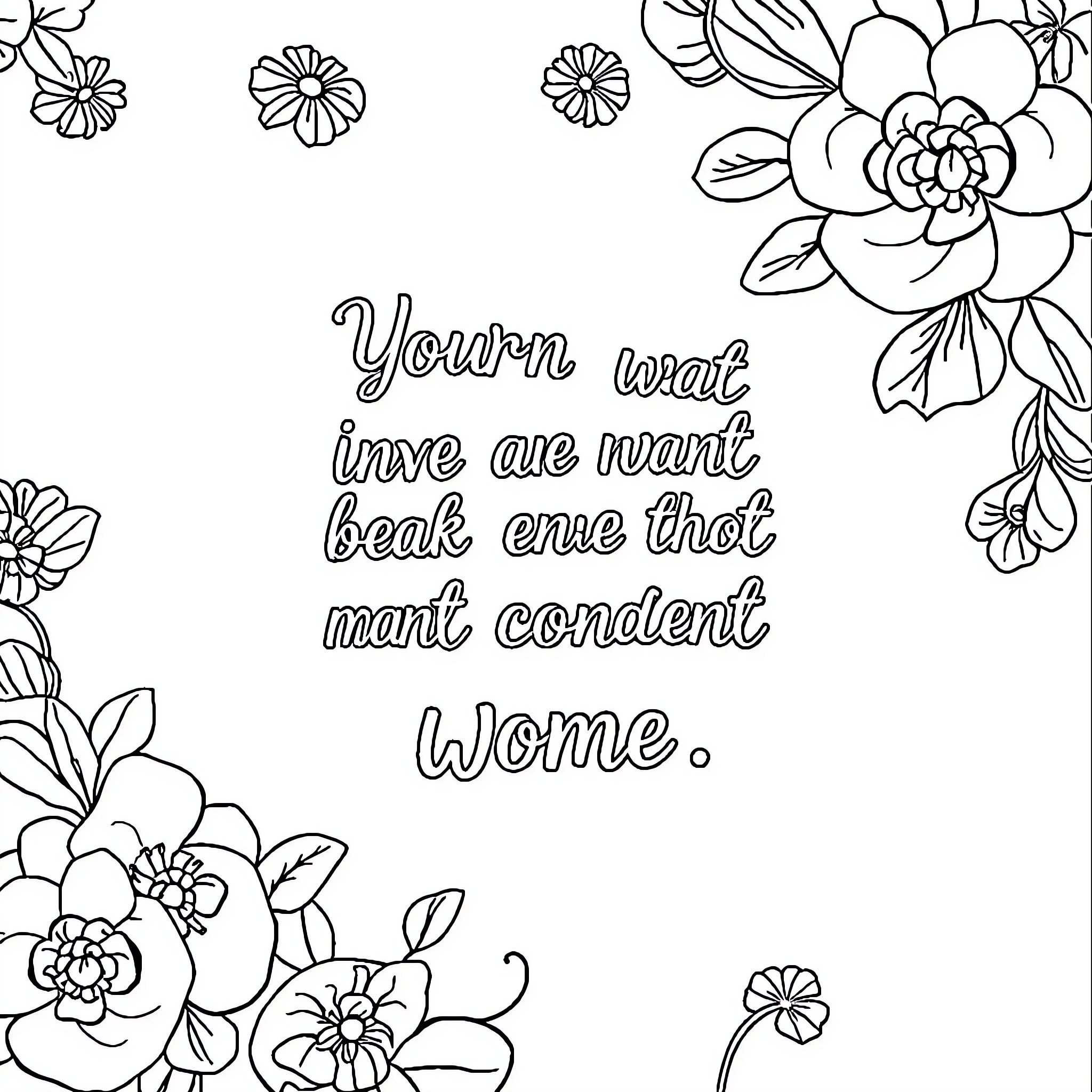 Woman reading inspirational floral-themed text Coloring Page (free black-and-white line drawing printable PDF for all, from beginners to advanced learners, including children, teens, adults, and seniors)