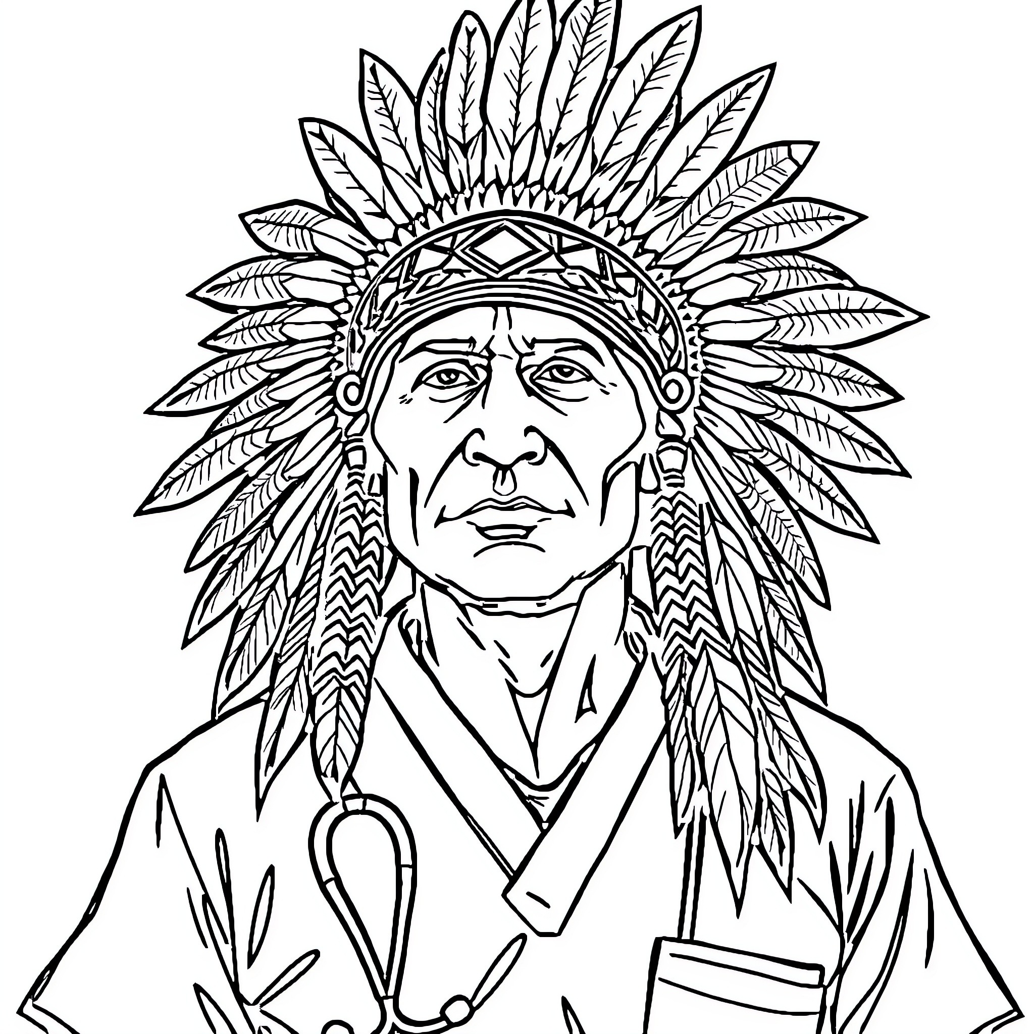 Warrior Chief in Traditional Headdress Coloring Page (free black-and-white line drawing printable PDF for all, from beginners to advanced learners, including children, teens, adults, and seniors)