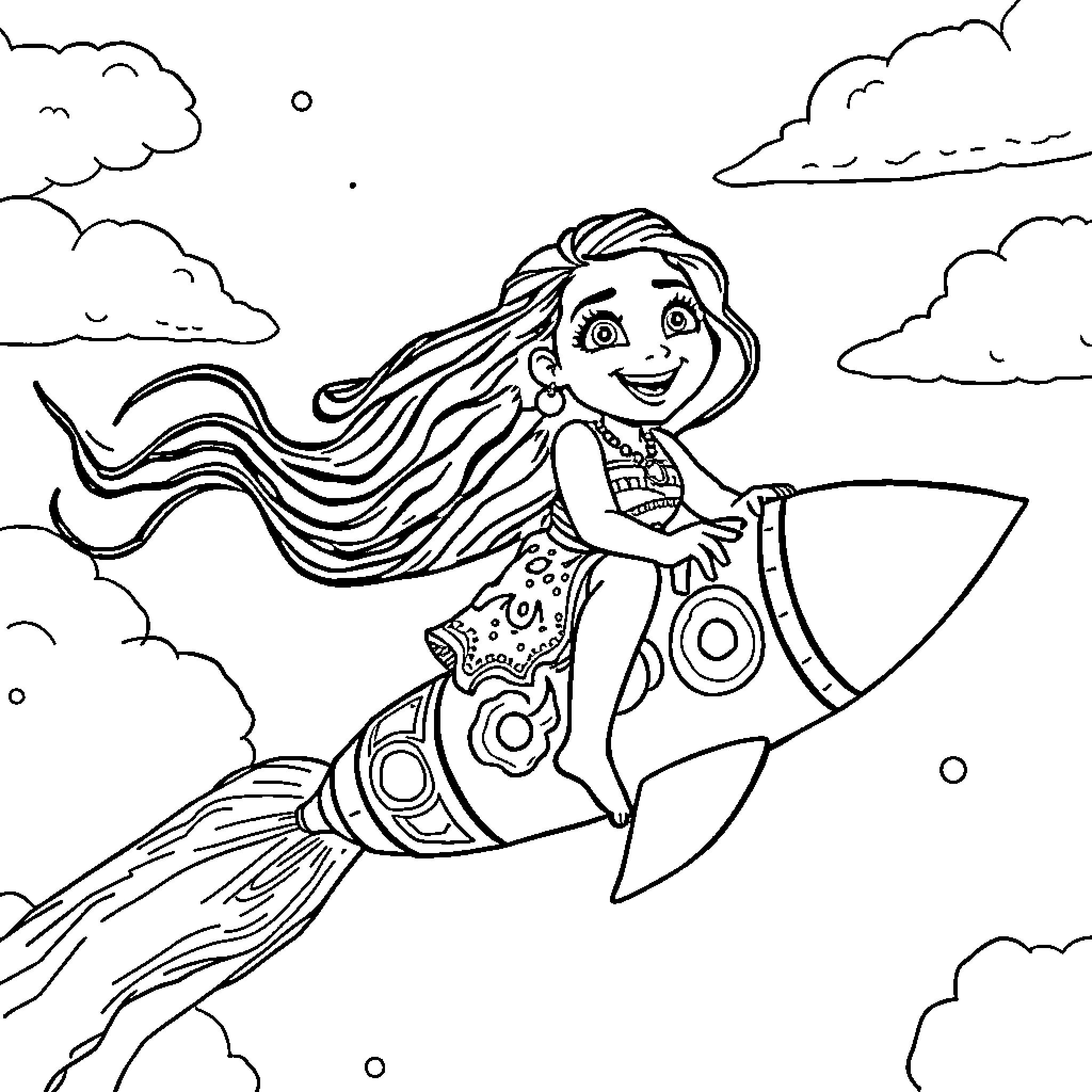 Moana riding a rocket ship through the sky Coloring Page (free black-and-white line drawing printable PDF for all, from beginners to advanced learners, including children, teens, adults, and seniors)