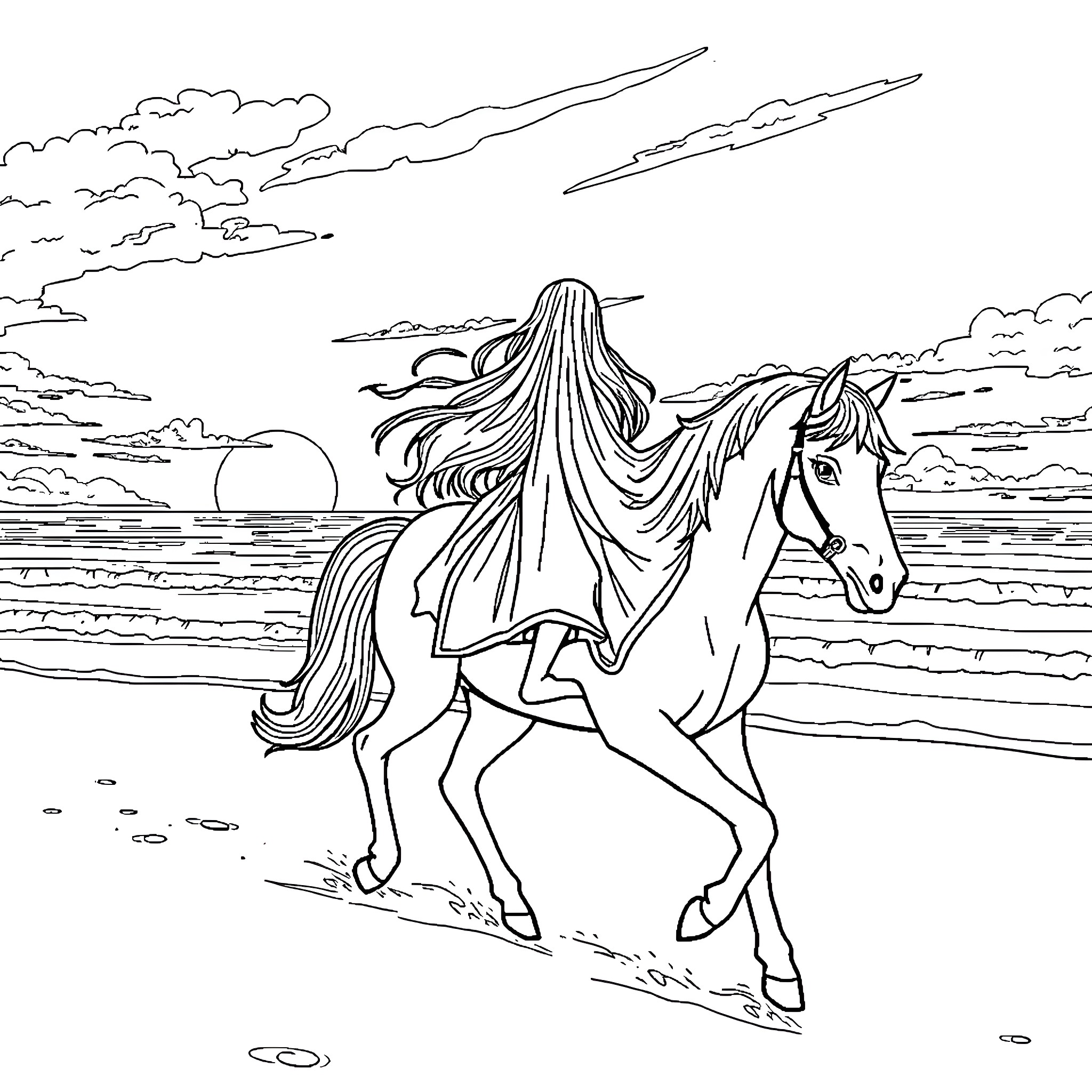 Princess riding gracefully on a majestic horse Coloring Page (free black-and-white line drawing printable PDF for all, from beginners to advanced learners, including children, teens, adults, and seniors)