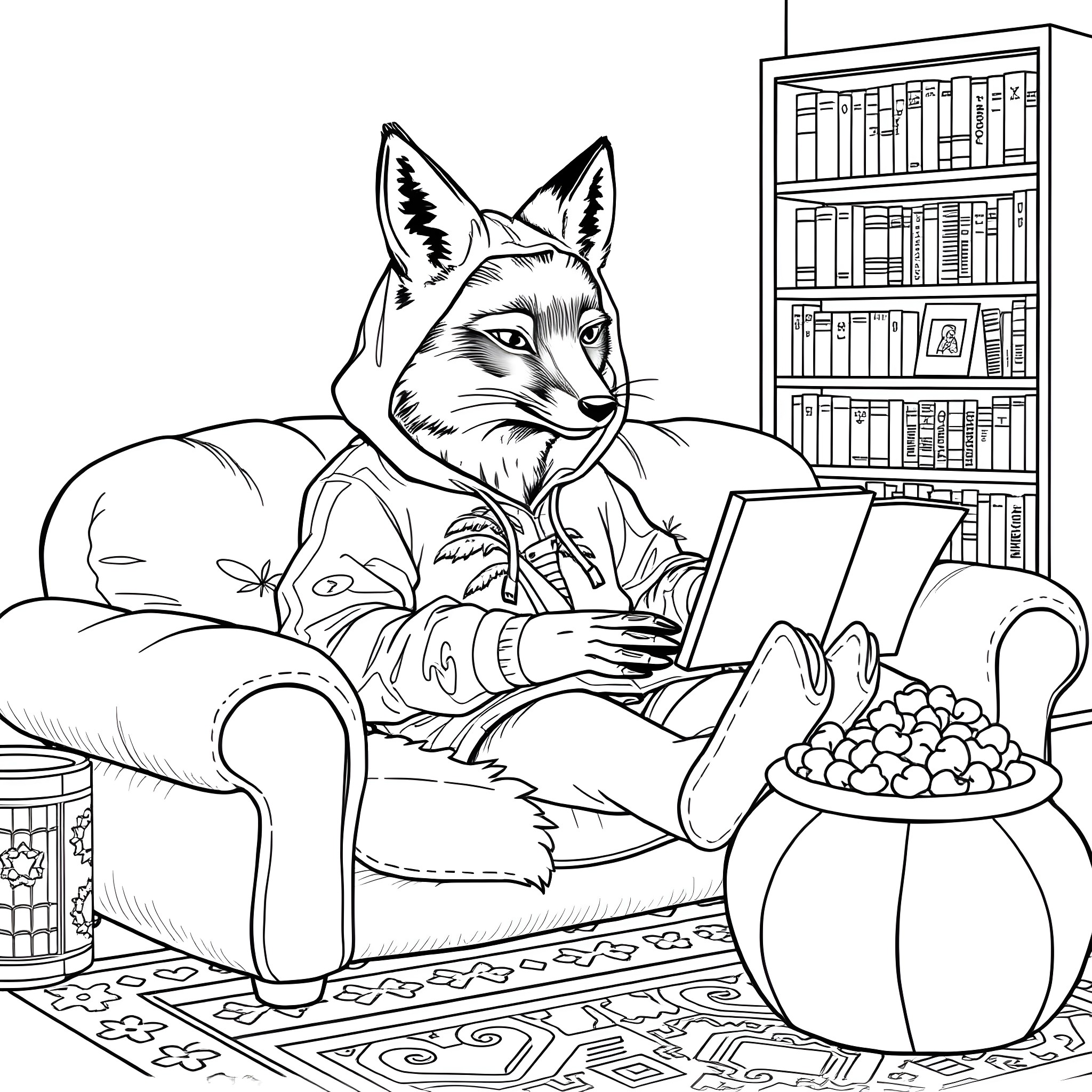 Fox reading book on couch with snacks Coloring Page (free black-and-white line drawing printable PDF for all, from beginners to advanced learners, including children, teens, adults, and seniors)
